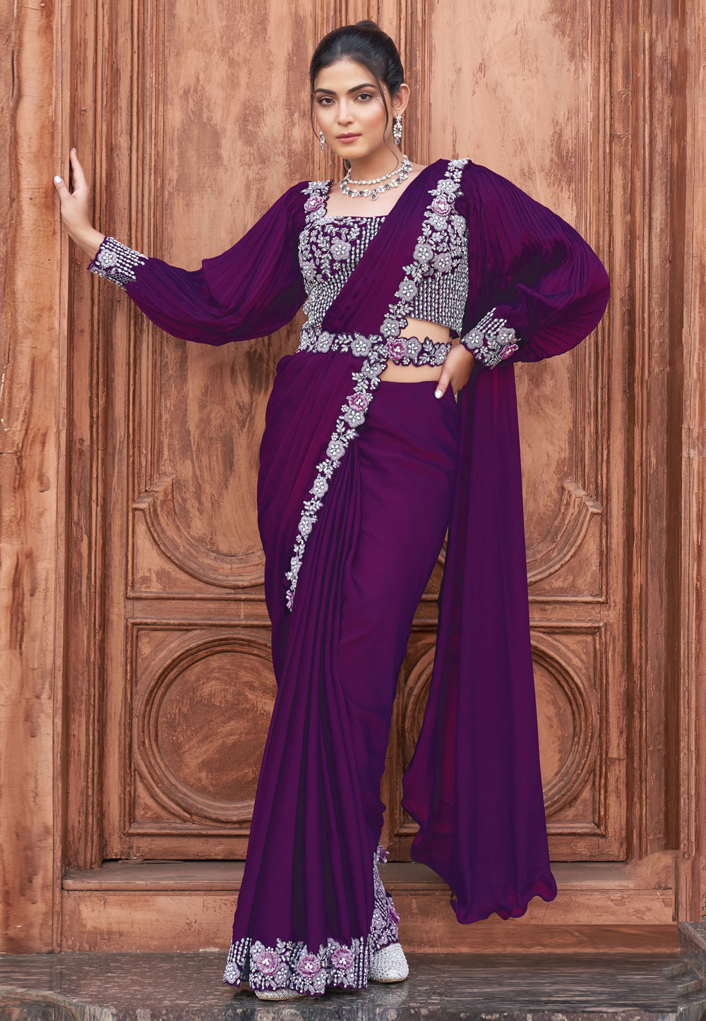 Purple Crepe Saree With Blouse 307004