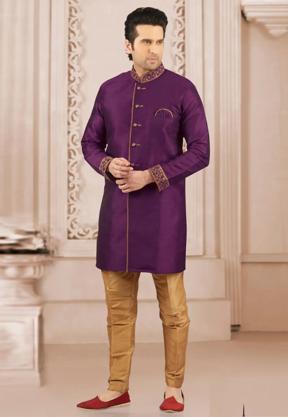 Purple Dupion Silk Indo Western Suit 309774