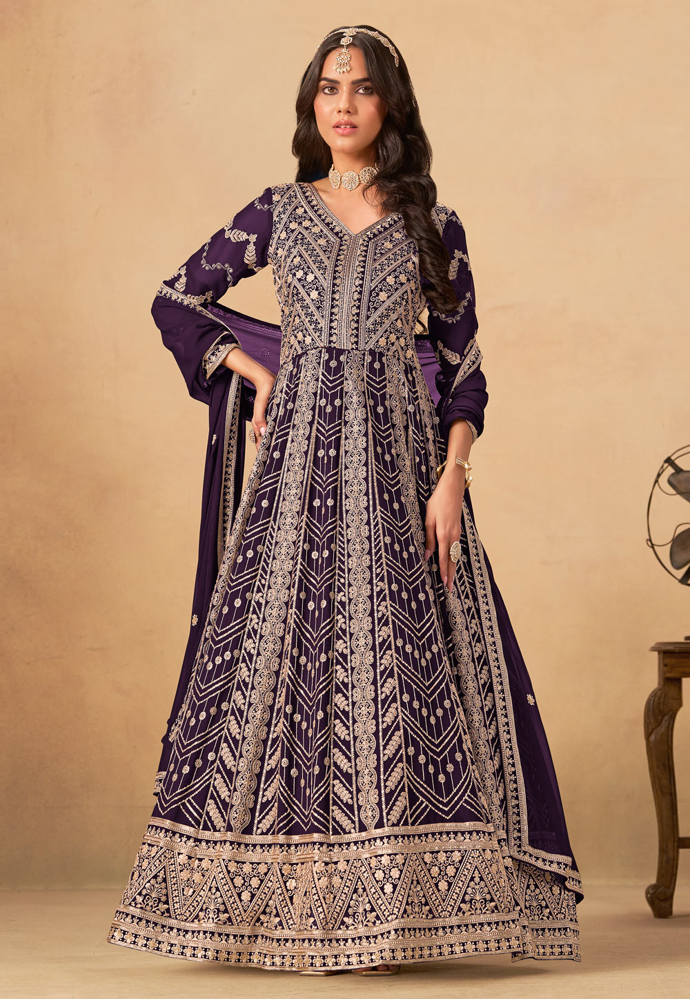 Purple Faux Georgette Embroidered Long Anarkali Suit 319187