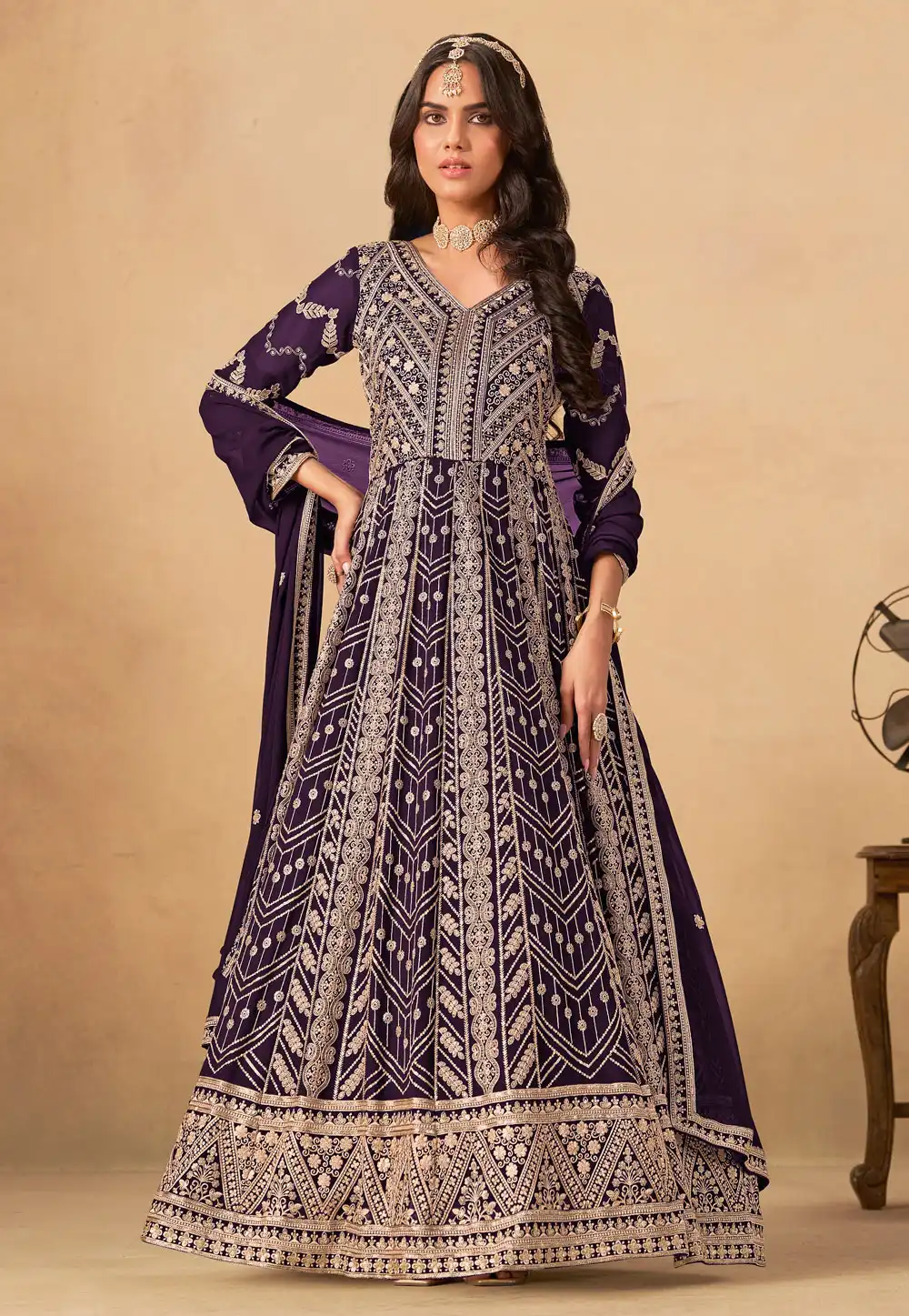 Purple Faux Georgette Embroidered Long Anarkali Suit 319187