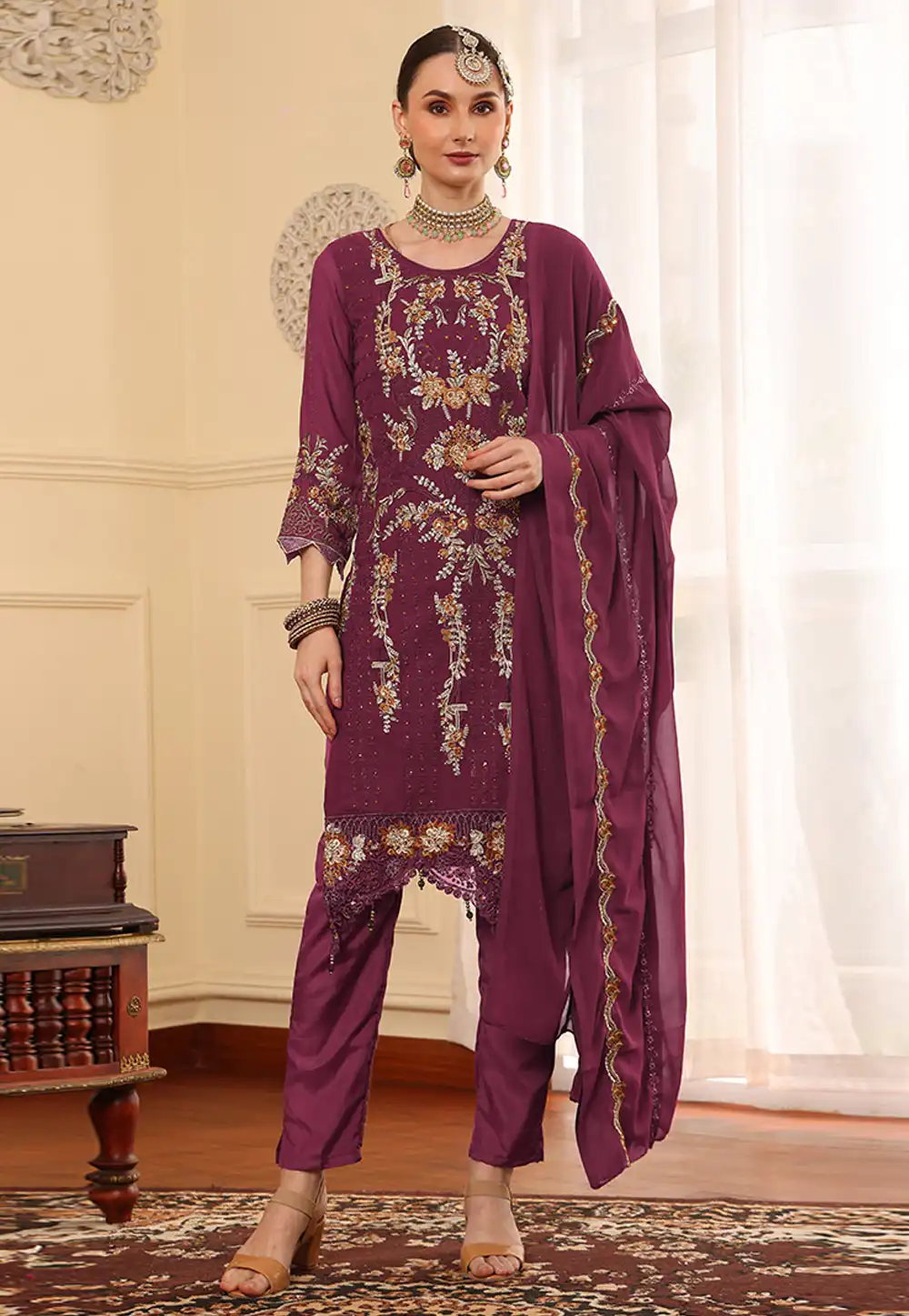 Purple Faux Georgette Embroidered Pakistani Suit 319939