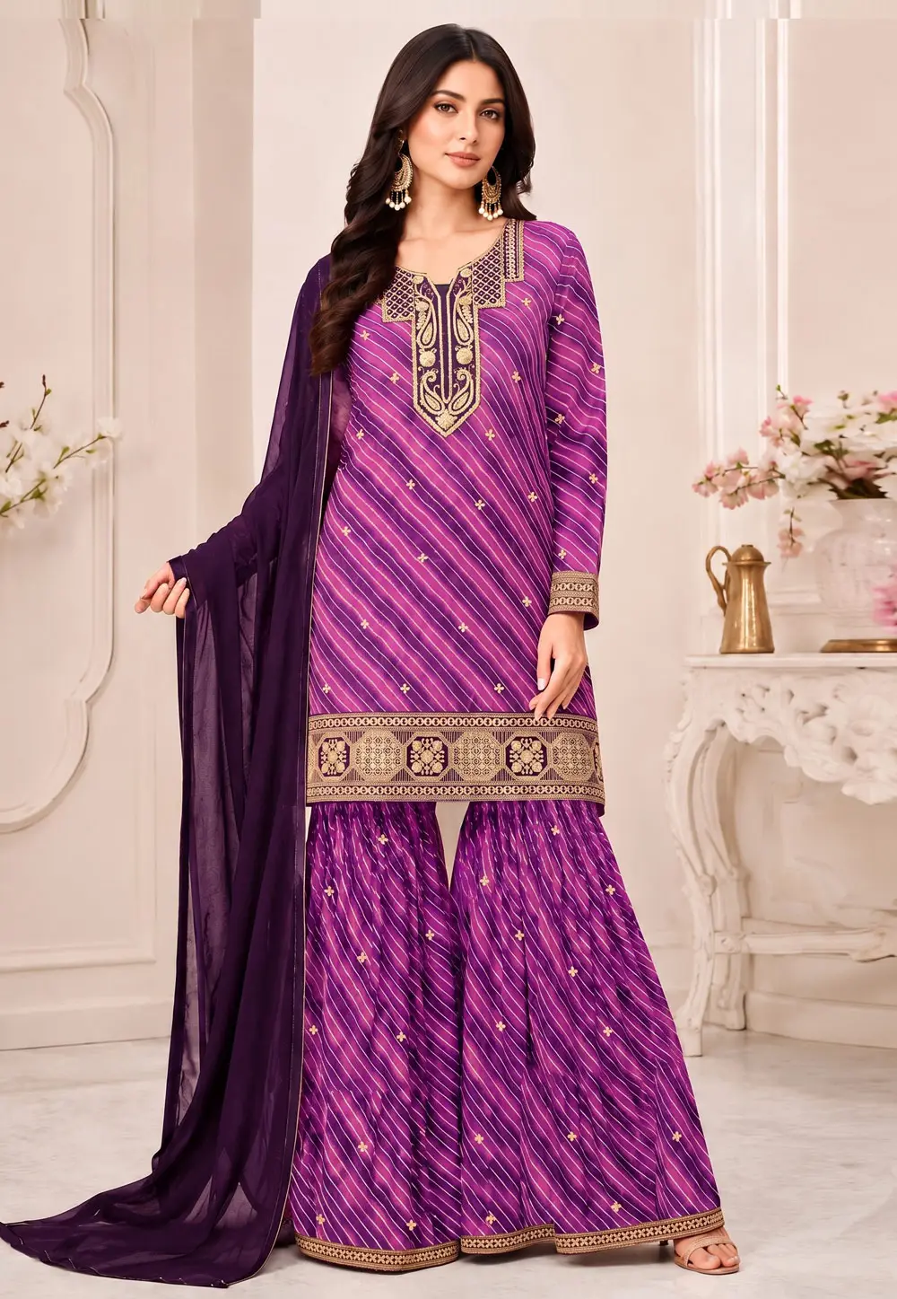 Purple Faux Georgette Gharara Suit 332100