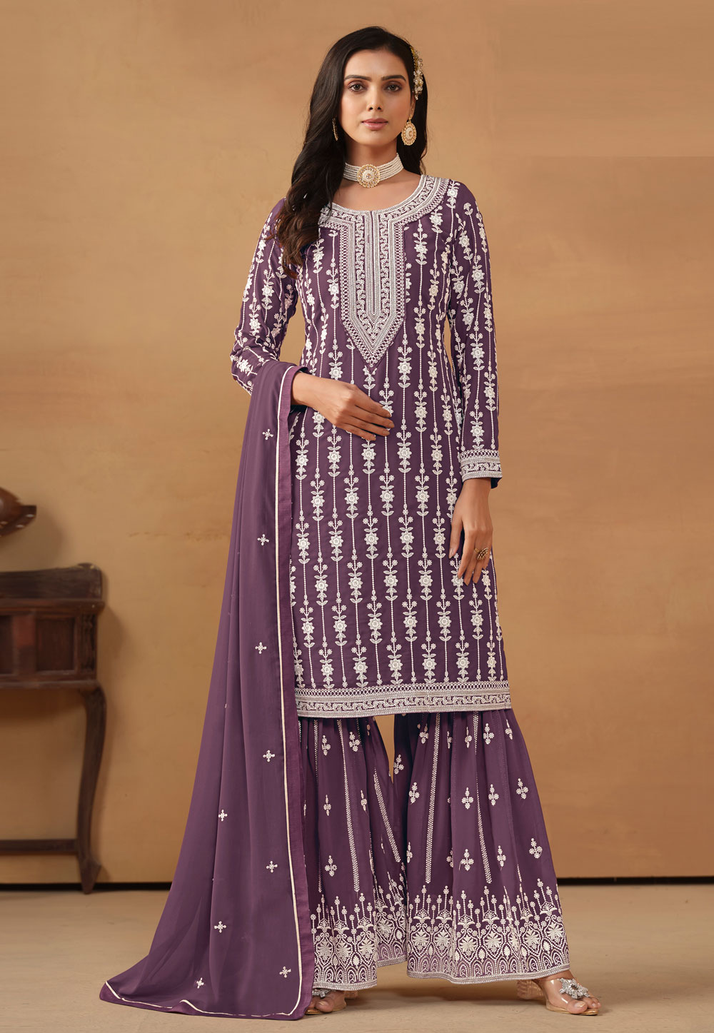 Purple Faux Georgette Gharara Suit 281543