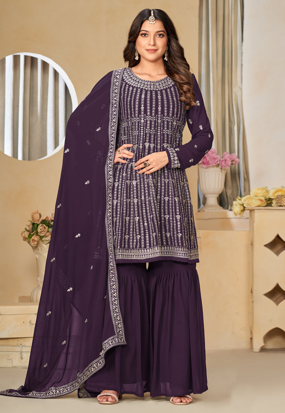 Purple Faux Georgette Gharara Suit 284109