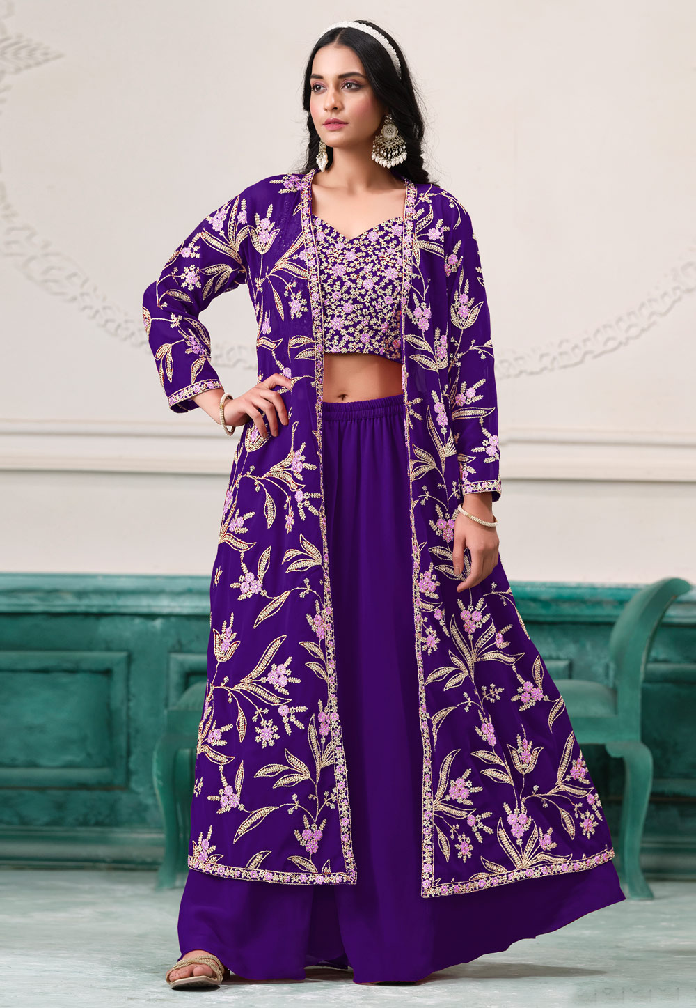 Purple Faux Georgette Jacket Style Suit 306895