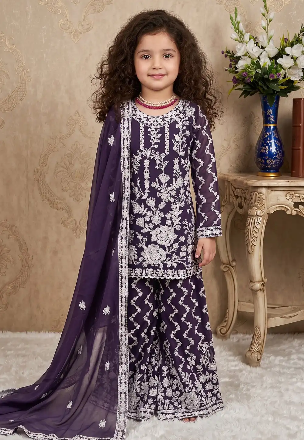 Purple Faux Georgette Kids Palazzo Suit 329466