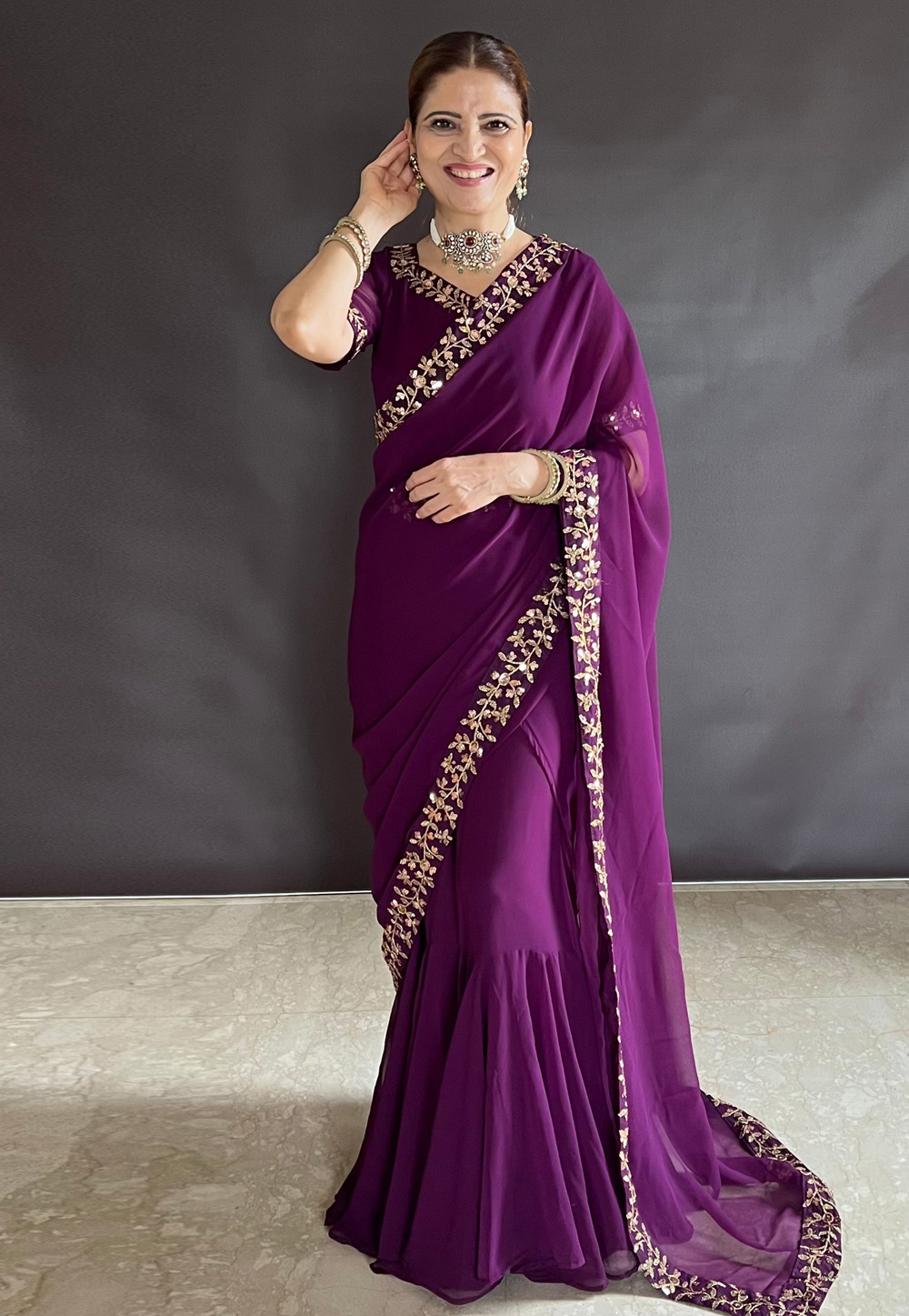 Purple Faux Georgette Lehenga Saree 308962