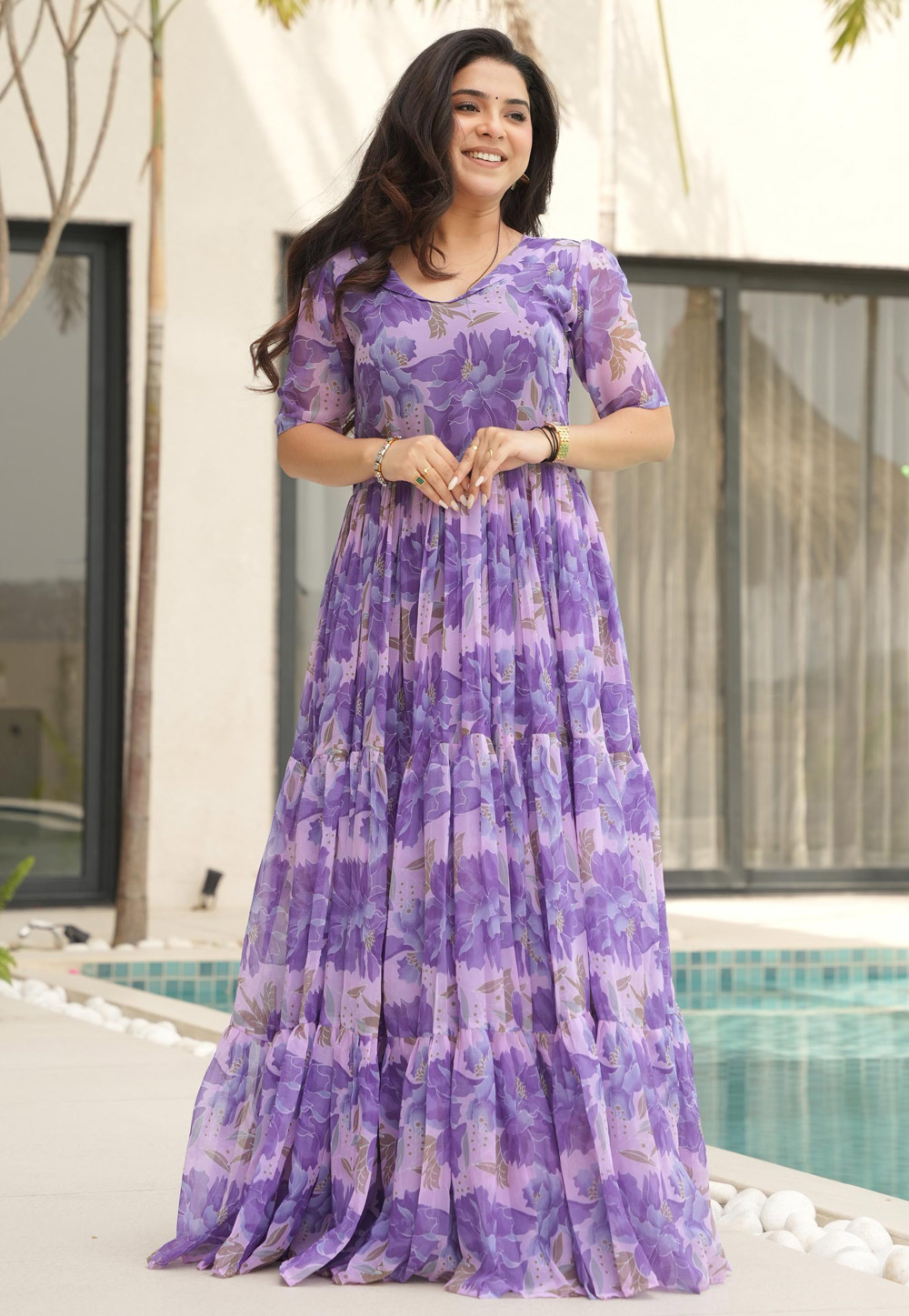 Purple Faux Georgette Printed Gown 308528