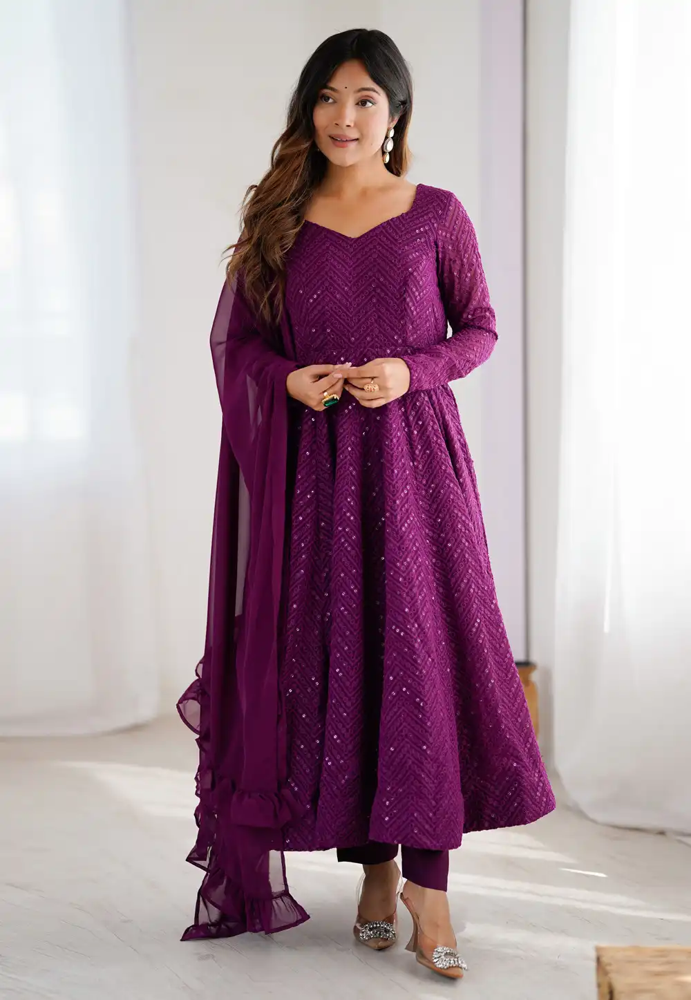 Purple Faux Georgette Readymade Anarkali Suit 314218