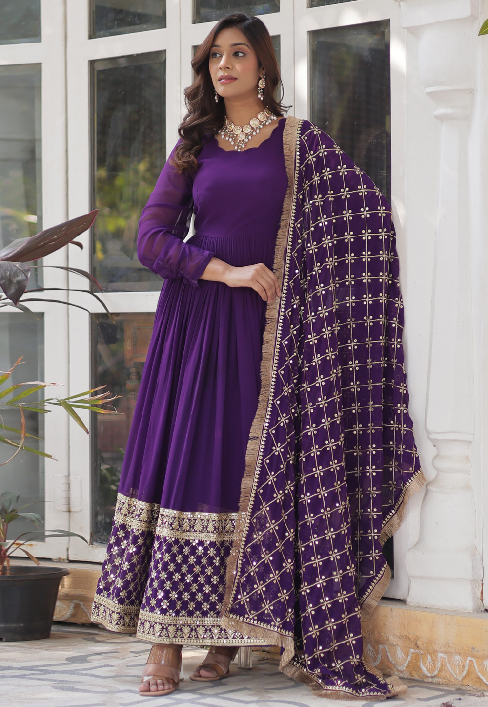 Purple Faux Georgette Readymade Anarkali Suit 307334