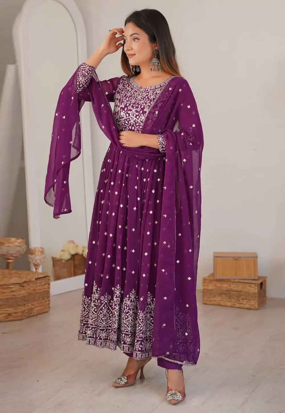 Purple Faux Georgette Readymade Anarkali Suit 328239