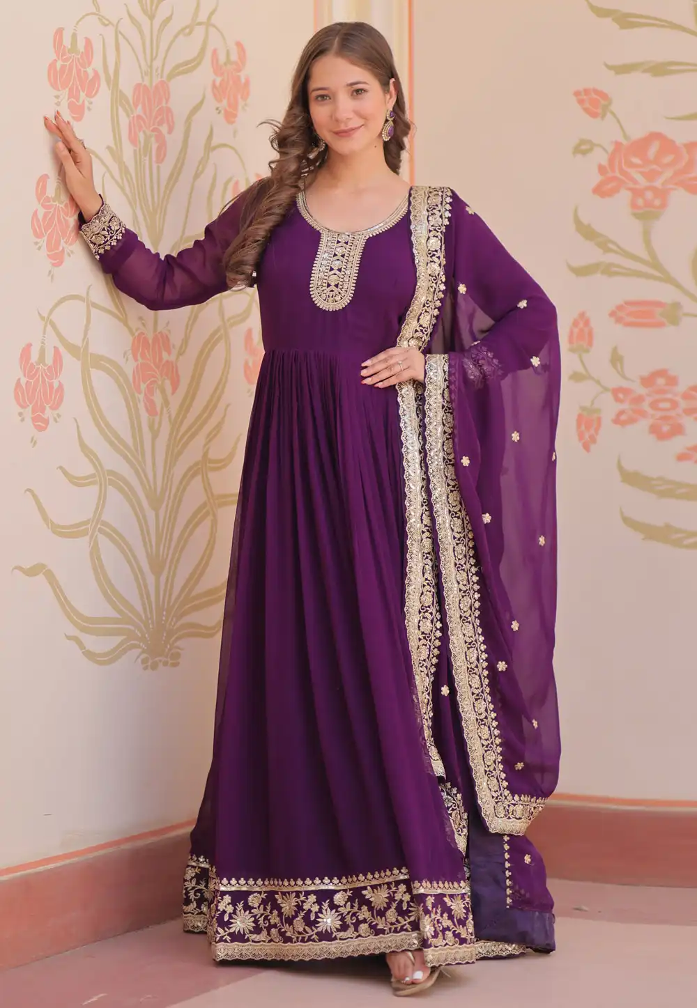 Purple Faux Georgette Readymade Long Anarkali Suit 314031