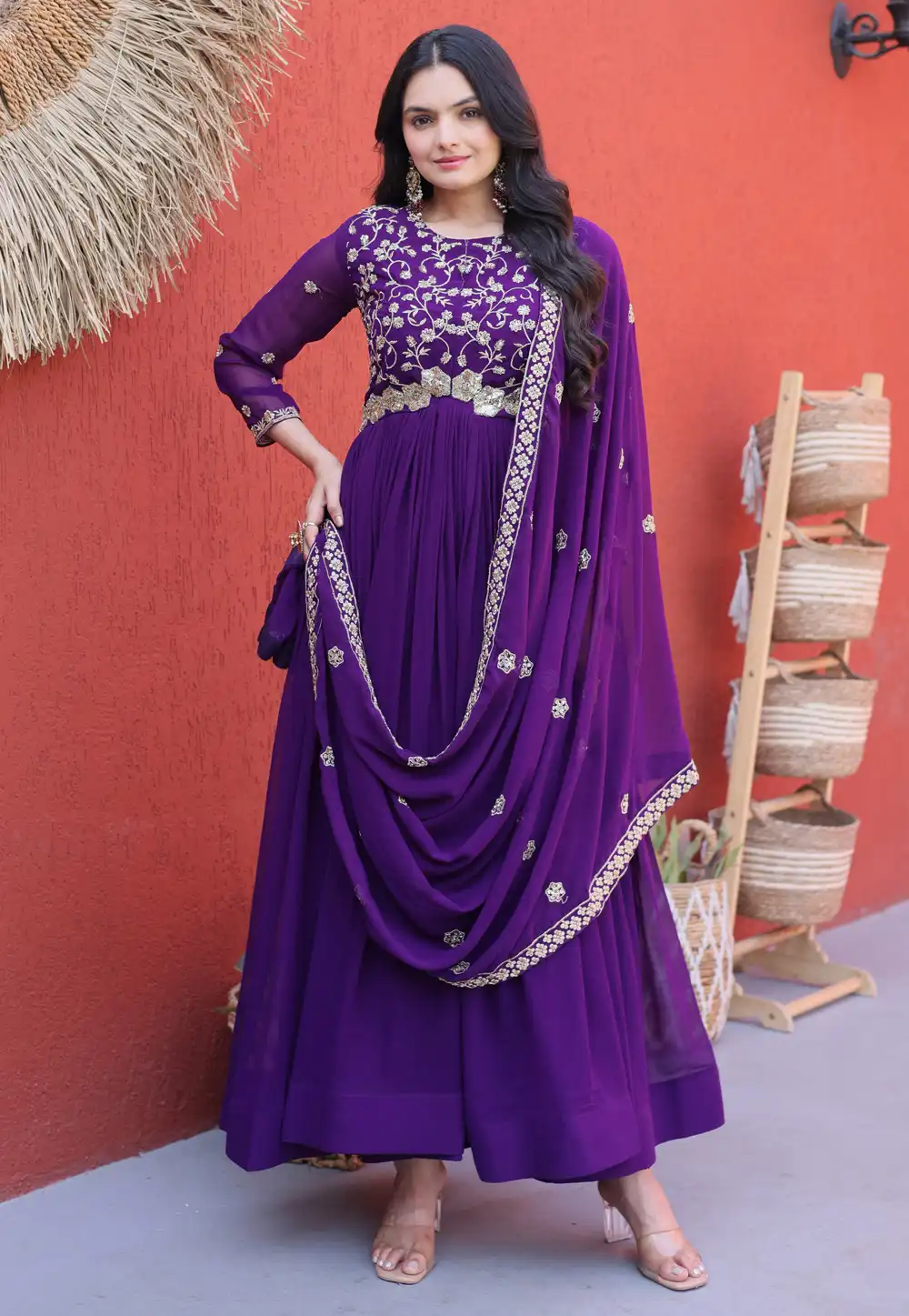 Purple Faux Georgette Readymade Long Anarkali Suit 330218