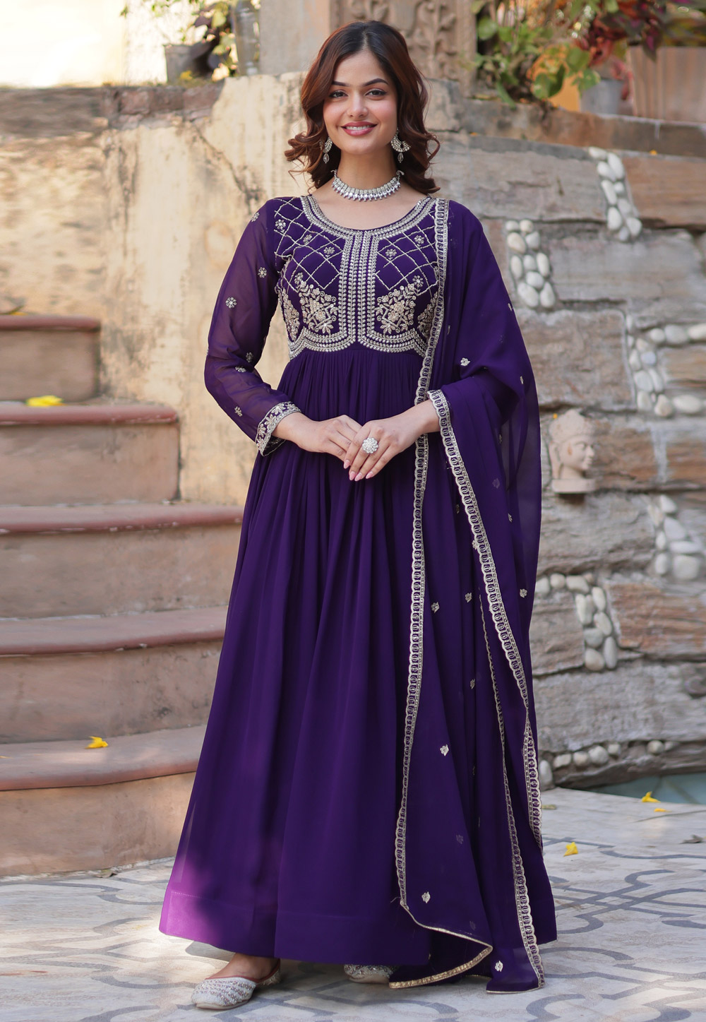 Purple Faux Georgette Readymade Long Anarkali Suit 309341