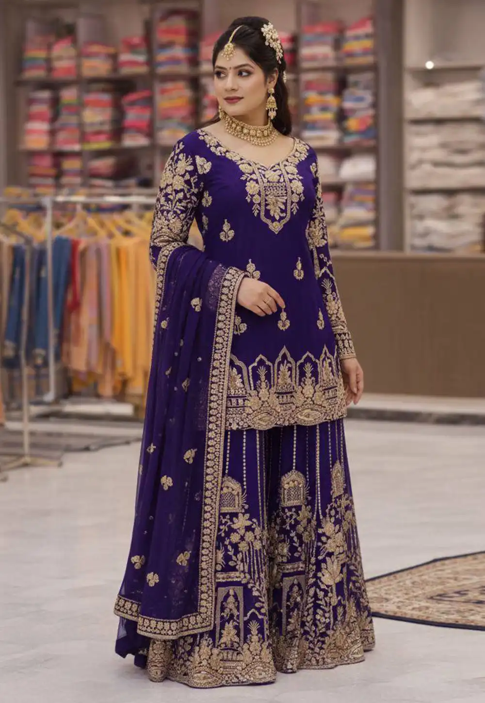 Purple Faux Georgette Readymade Palazzo Suit 329730