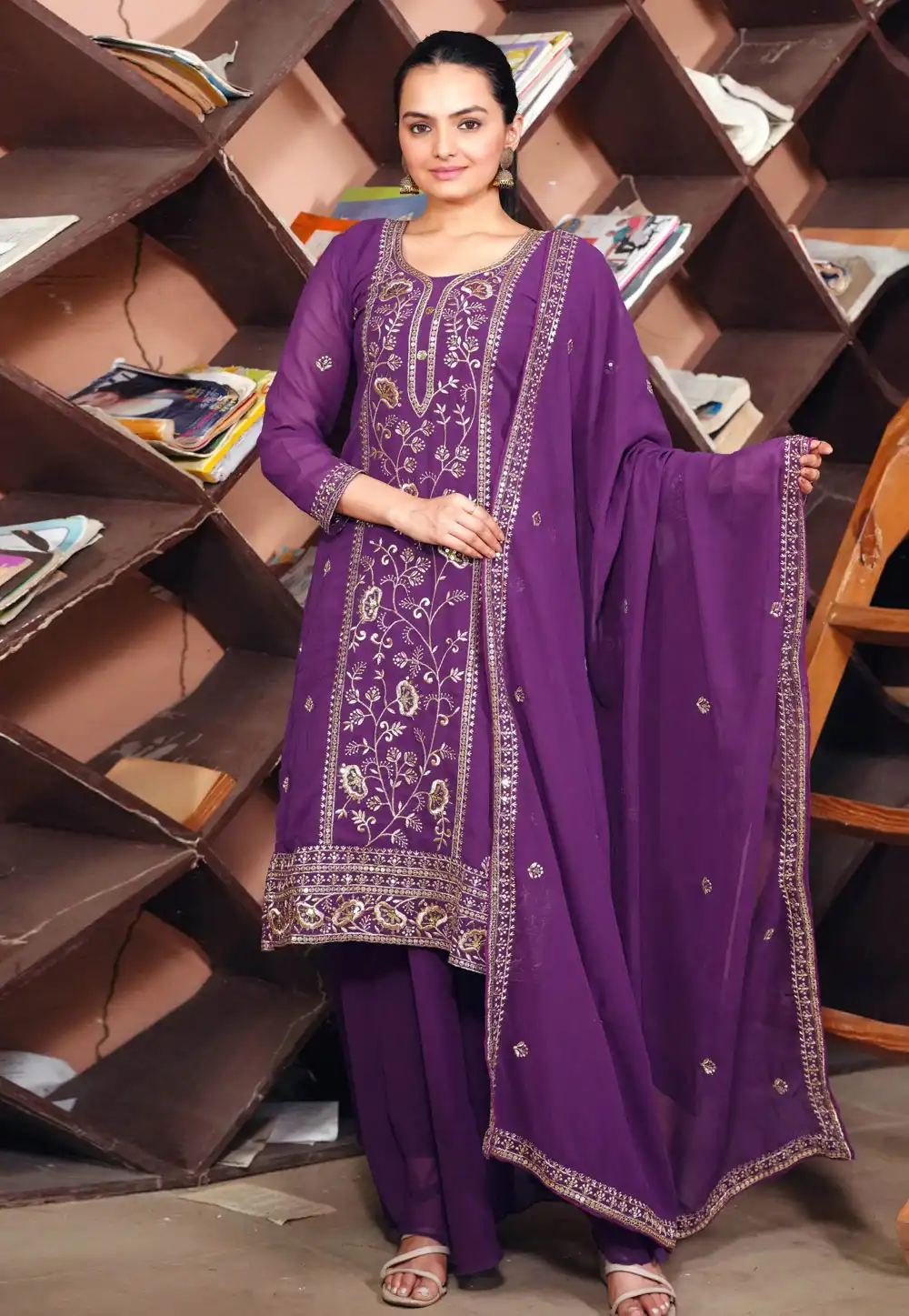 Purple Faux Georgette Readymade Palazzo Suit 312741