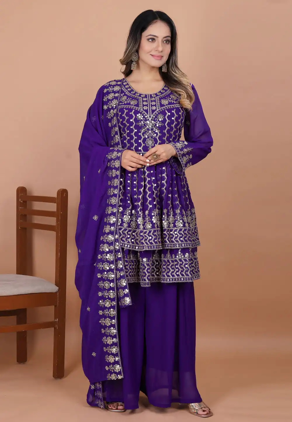 Purple Faux Georgette Readymade Palazzo Suit 315493