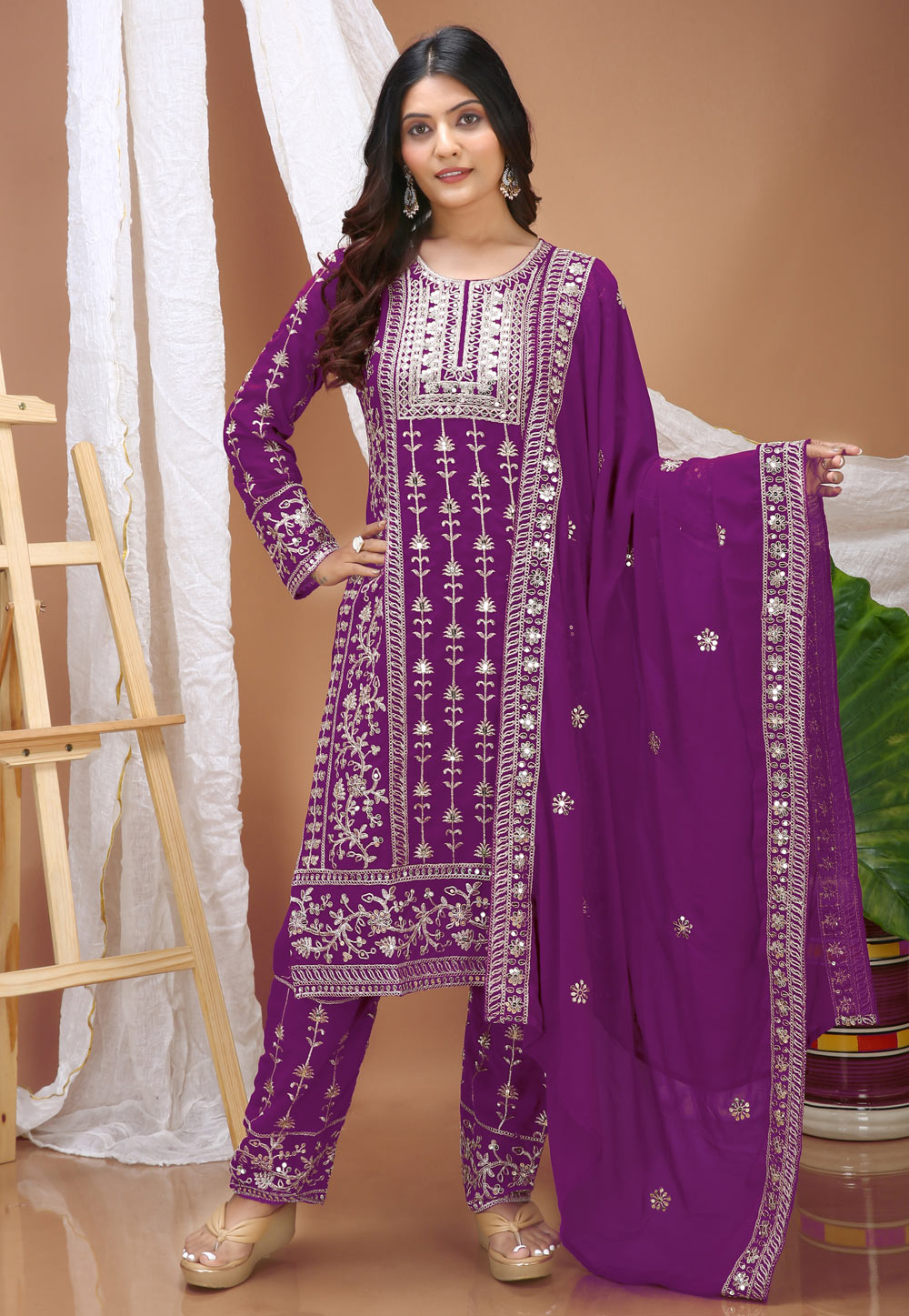 Purple Faux Georgette Readymade Pant Style Suit 326414