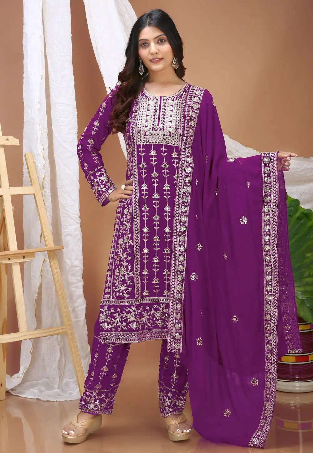 Purple Faux Georgette Readymade Pant Style Suit 326414
