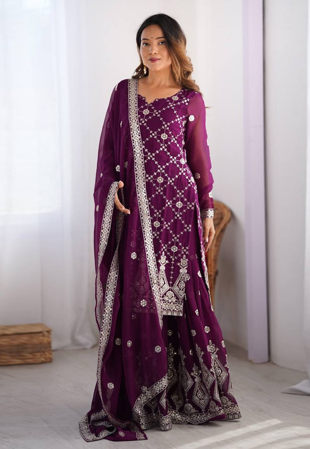Purple Faux Georgette Readymade Sharara Suit 310766