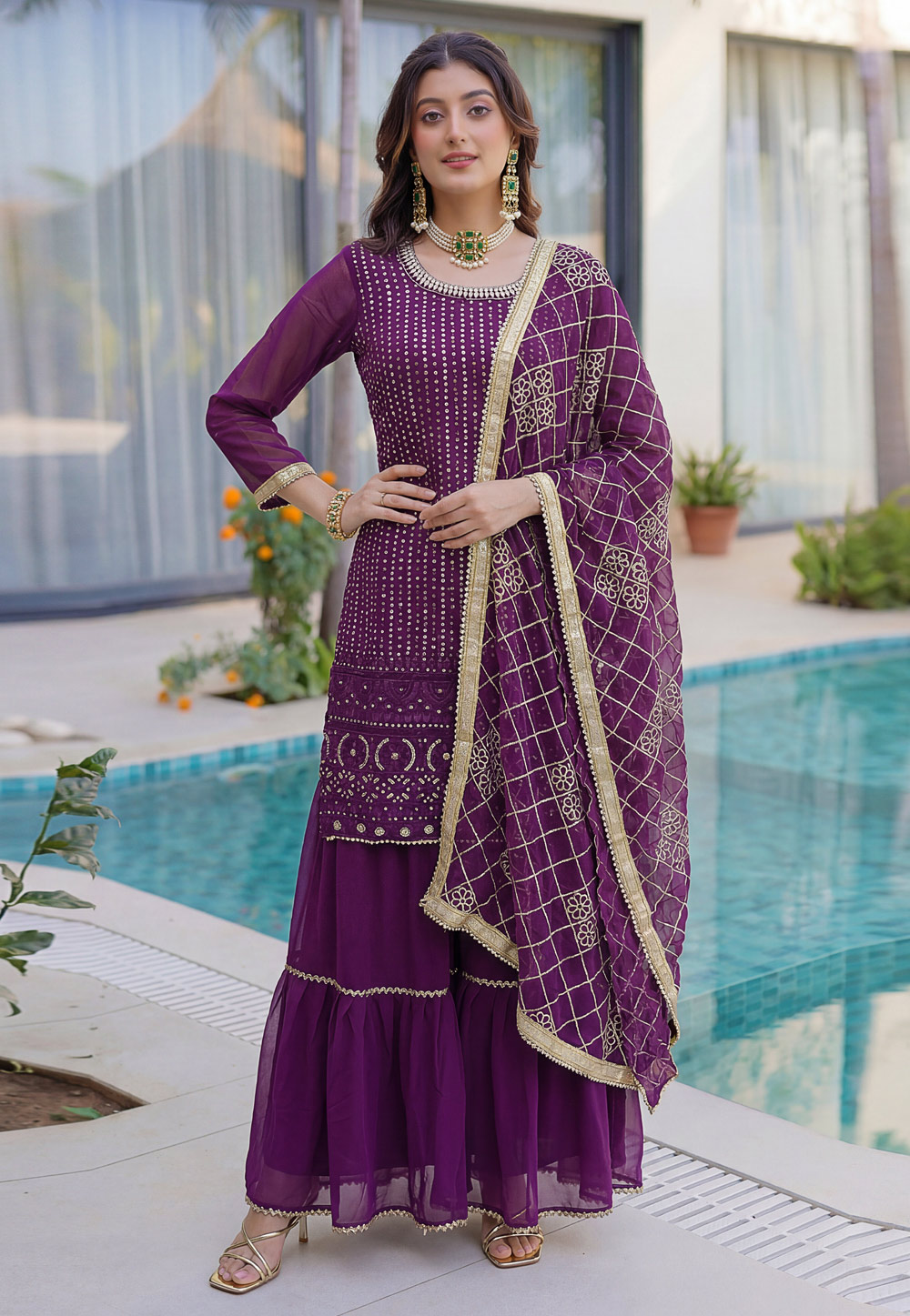 Purple Faux Georgette Readymade Sharara Suit 327999