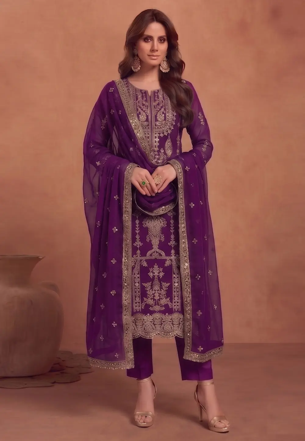 Purple Faux Georgette Straight Suit 331355