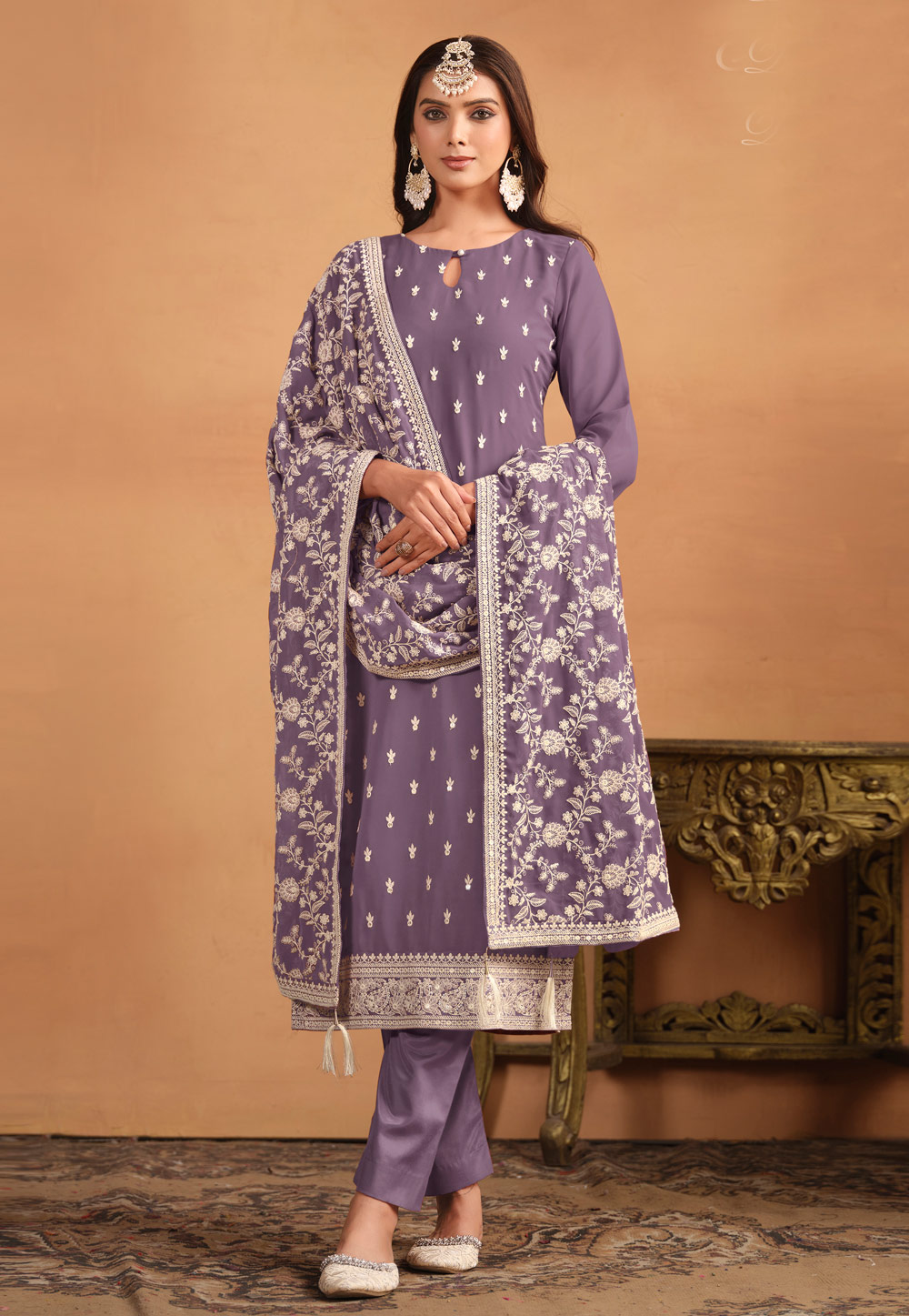 Purple Faux Georgette Straight Suit 284570