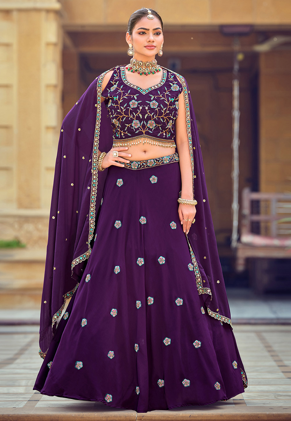 Purple Georgette A Line Lehenga Choli 318838