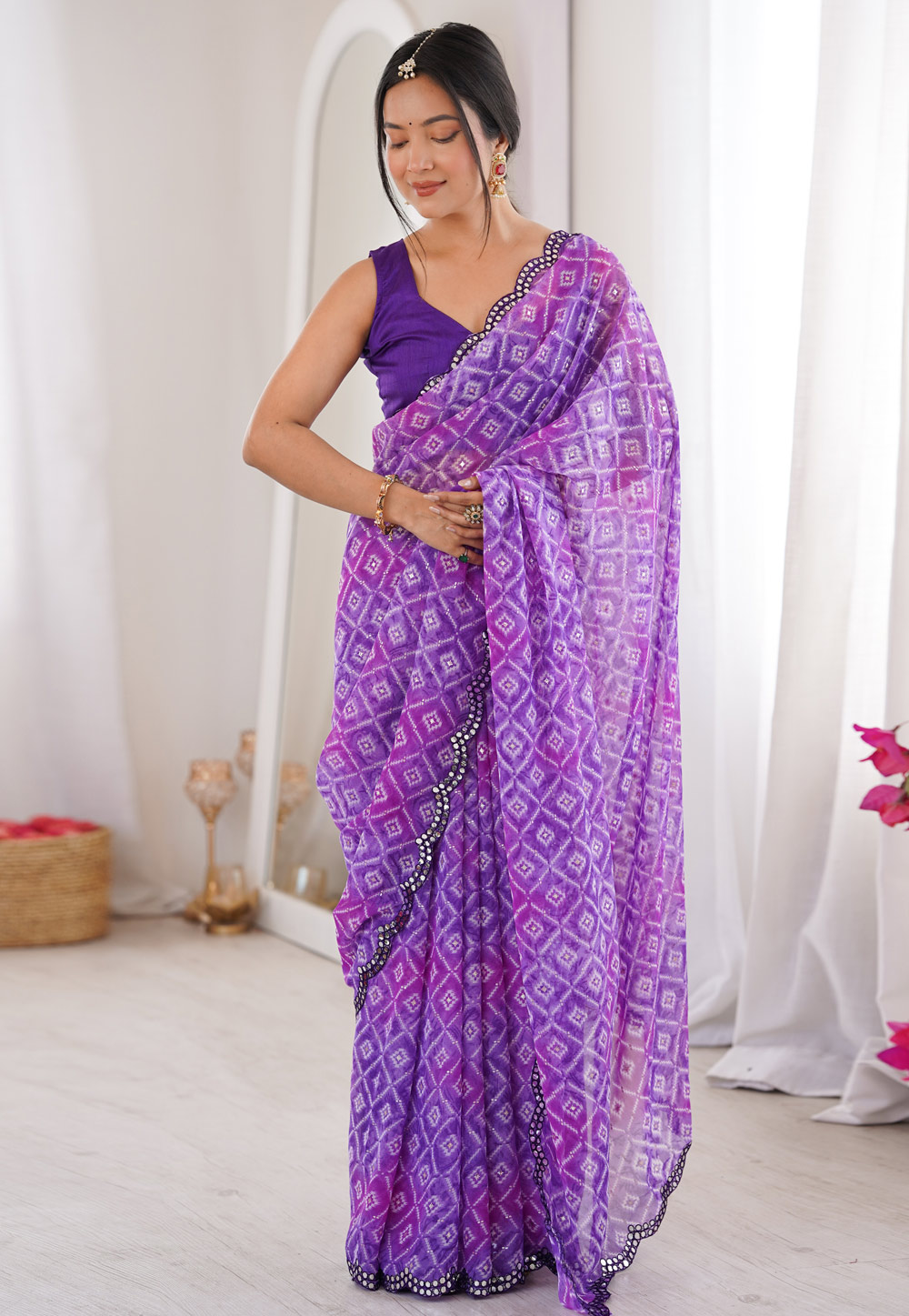 Purple Georgette Bandhani Print Saree 328033