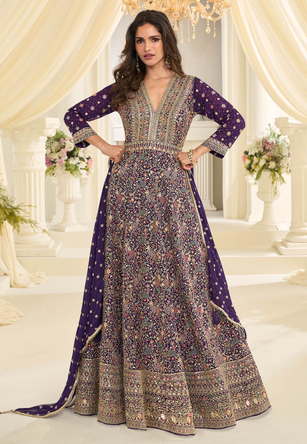 Purple Georgette Embroidered Long Anarkali Suit 325015