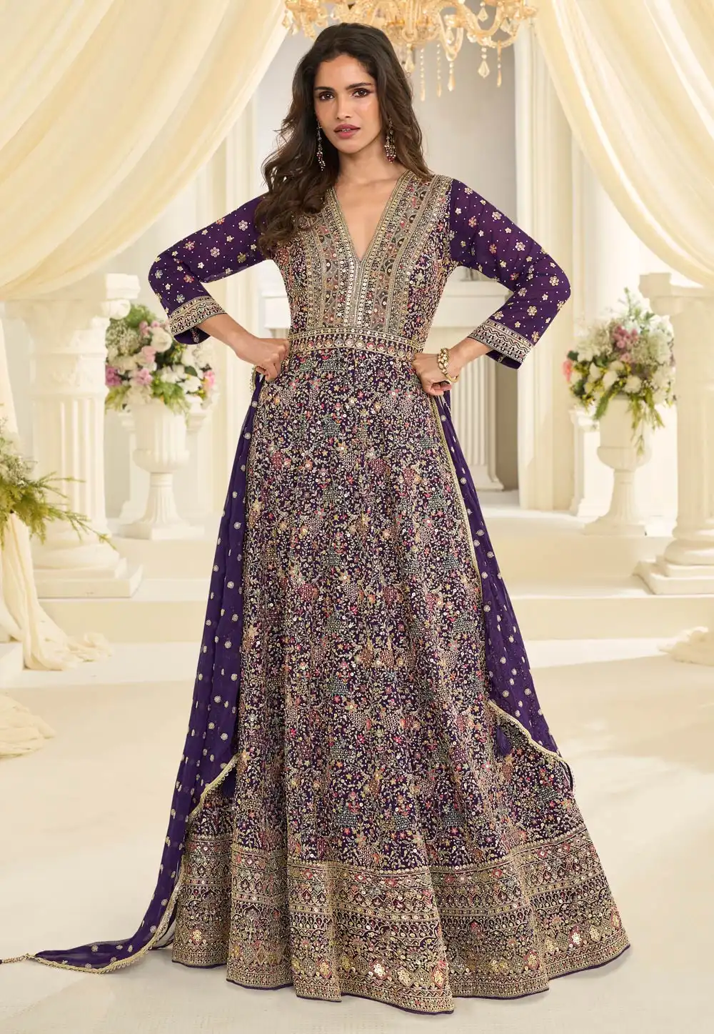 Purple Georgette Embroidered Long Anarkali Suit 325015
