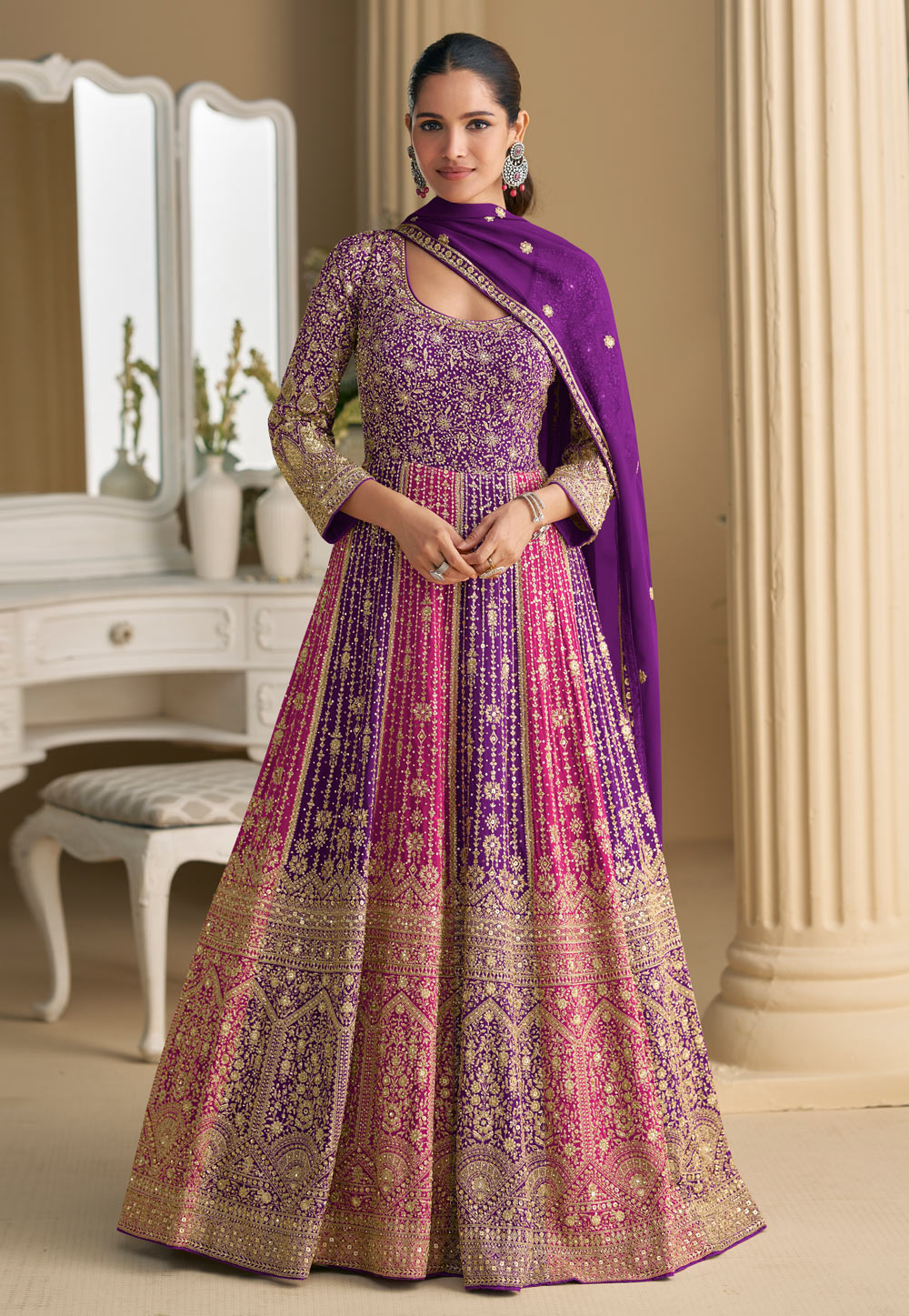 Purple Georgette Embroidered Long Anarkali Suit 321884