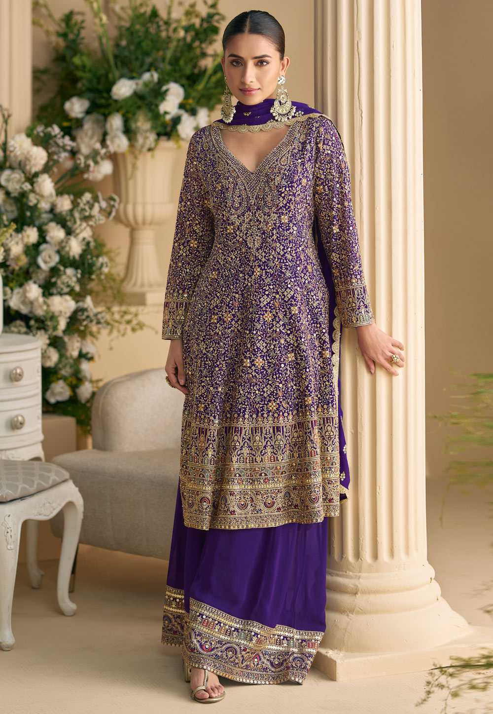 Purple Georgette Embroidered Palazzo Suit 307340