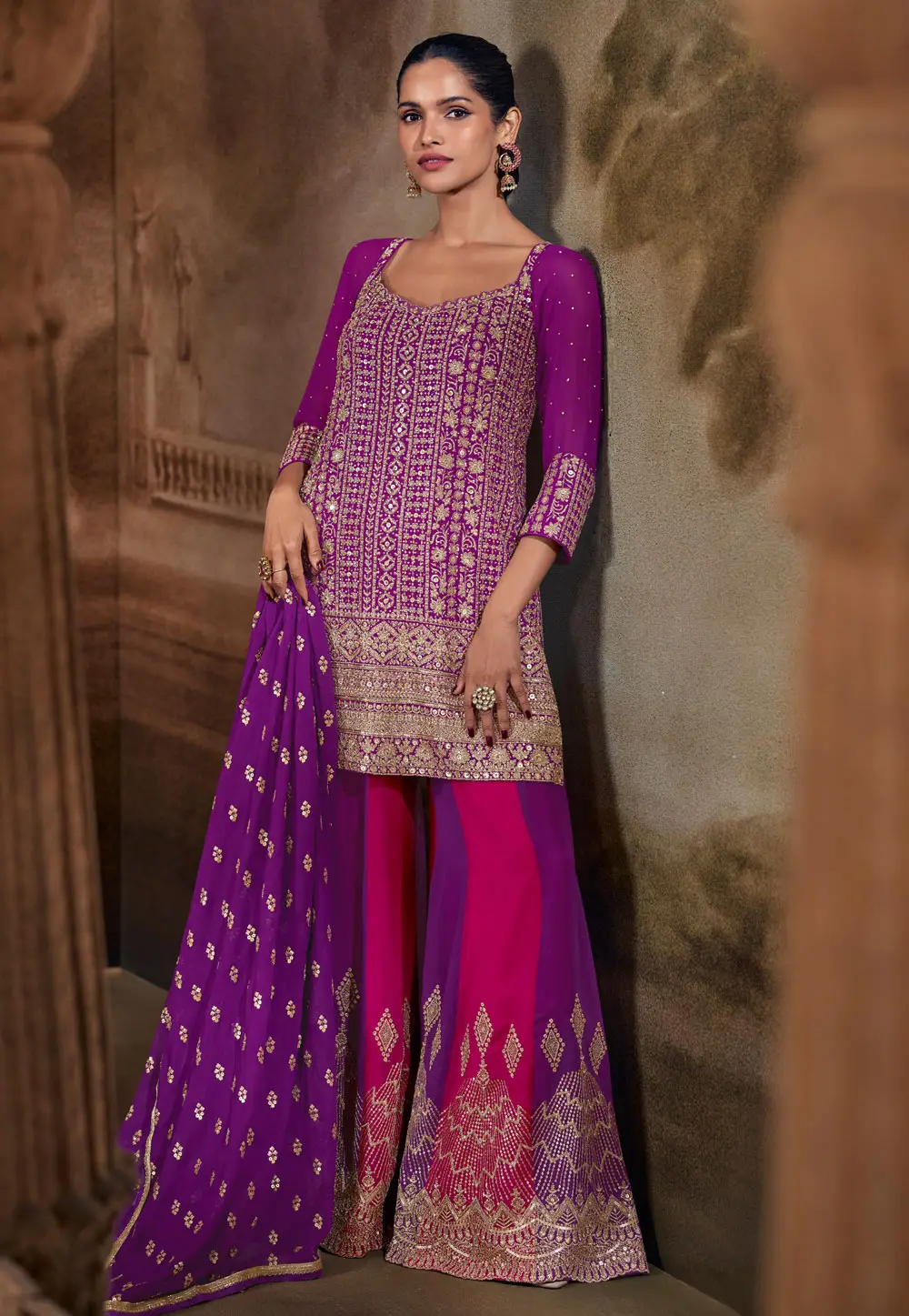 Purple Georgette Embroidered Palazzo Suit 336090