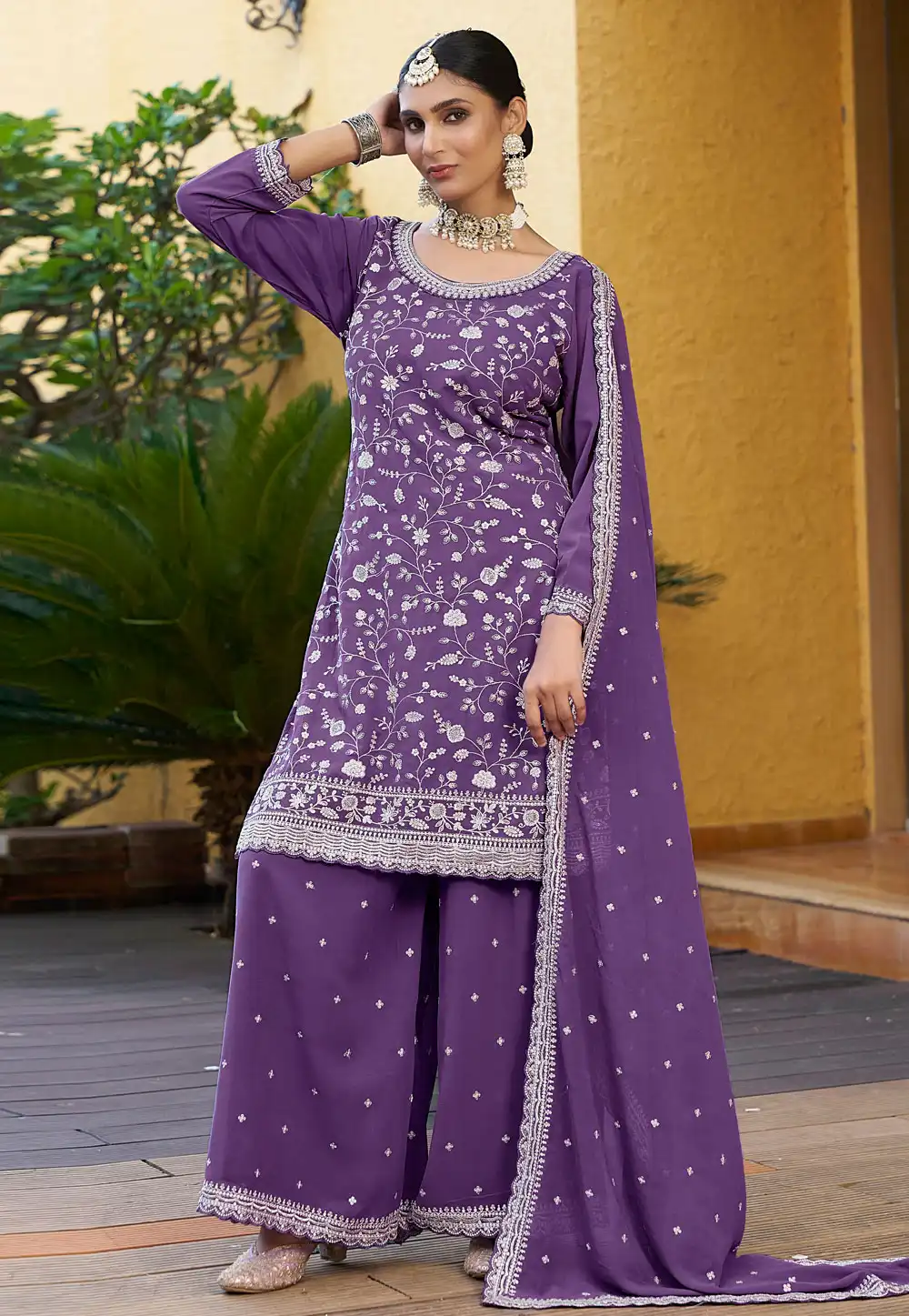 Purple Georgette Embroidered Palazzo Suit 306670