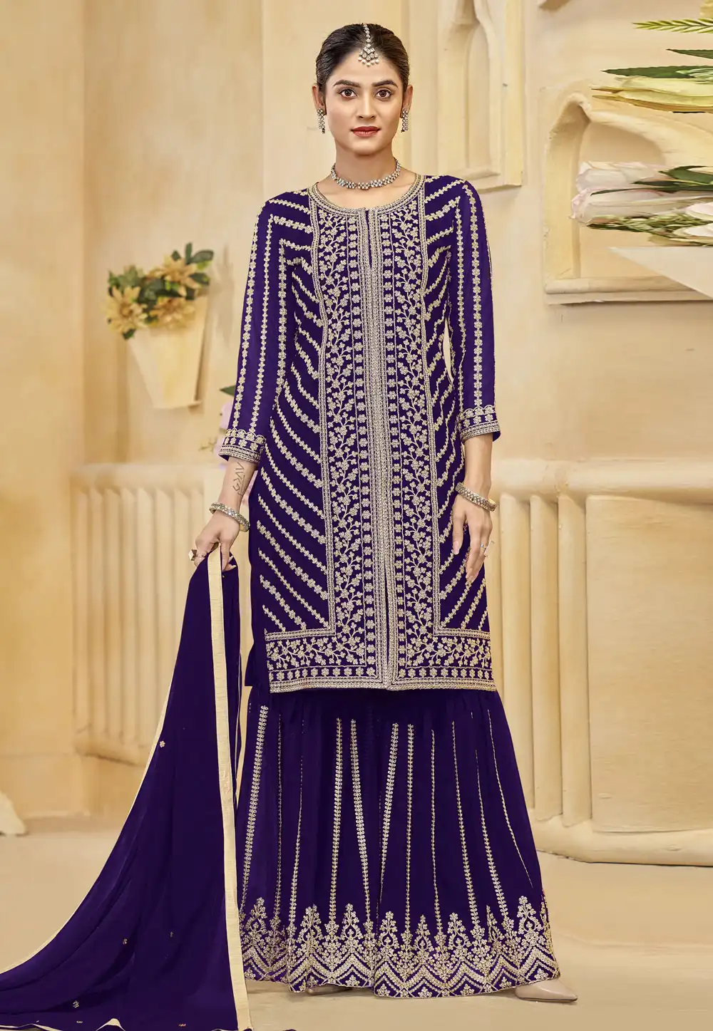 Purple Georgette Embroidered Sharara Suit 330659