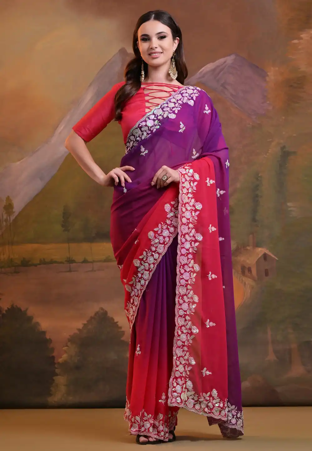Purple Georgette Half N Half Saree 288303