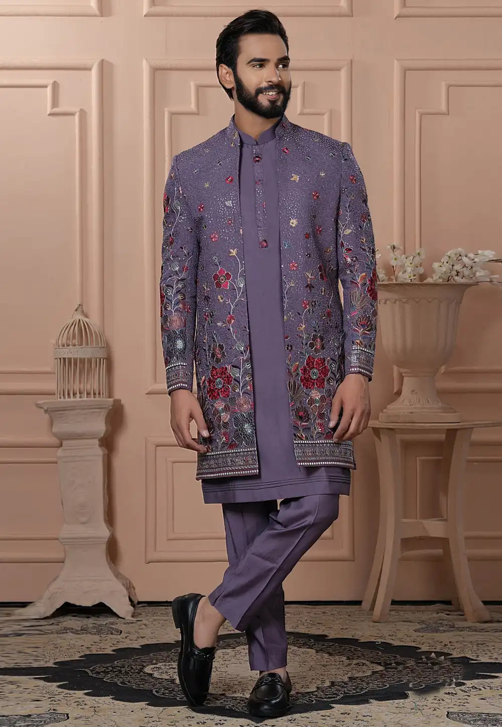 Purple Georgette Jacket Style Sherwani 315036