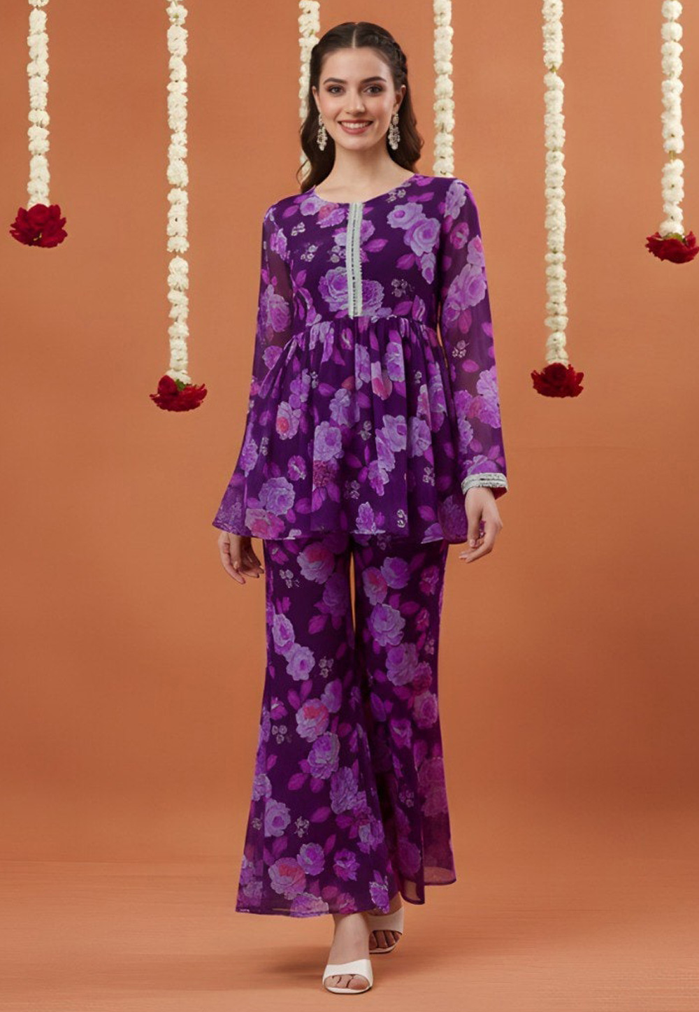Purple Georgette Kurta Set With Sharara 321950