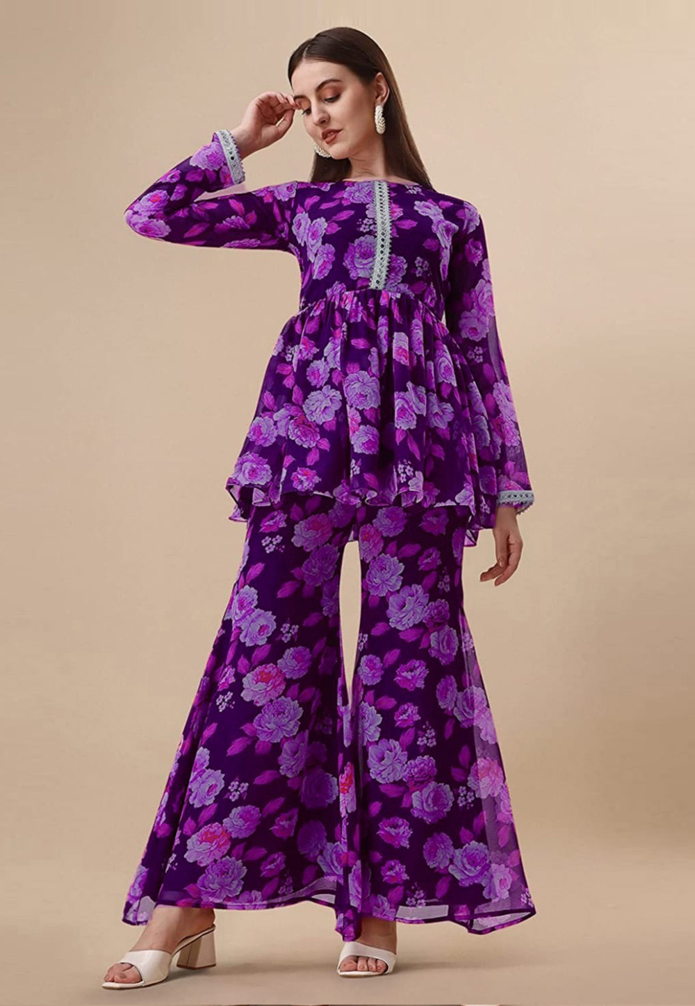 Purple Georgette Kurta Set With Sharara 284030