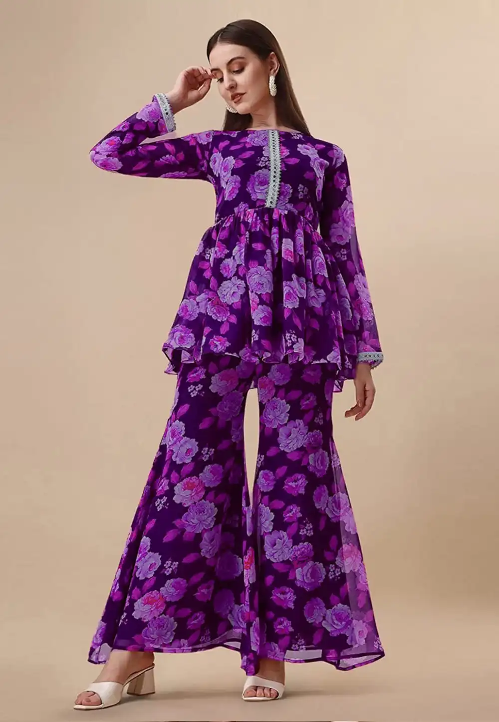 Purple Georgette Kurta Set With Sharara 284030