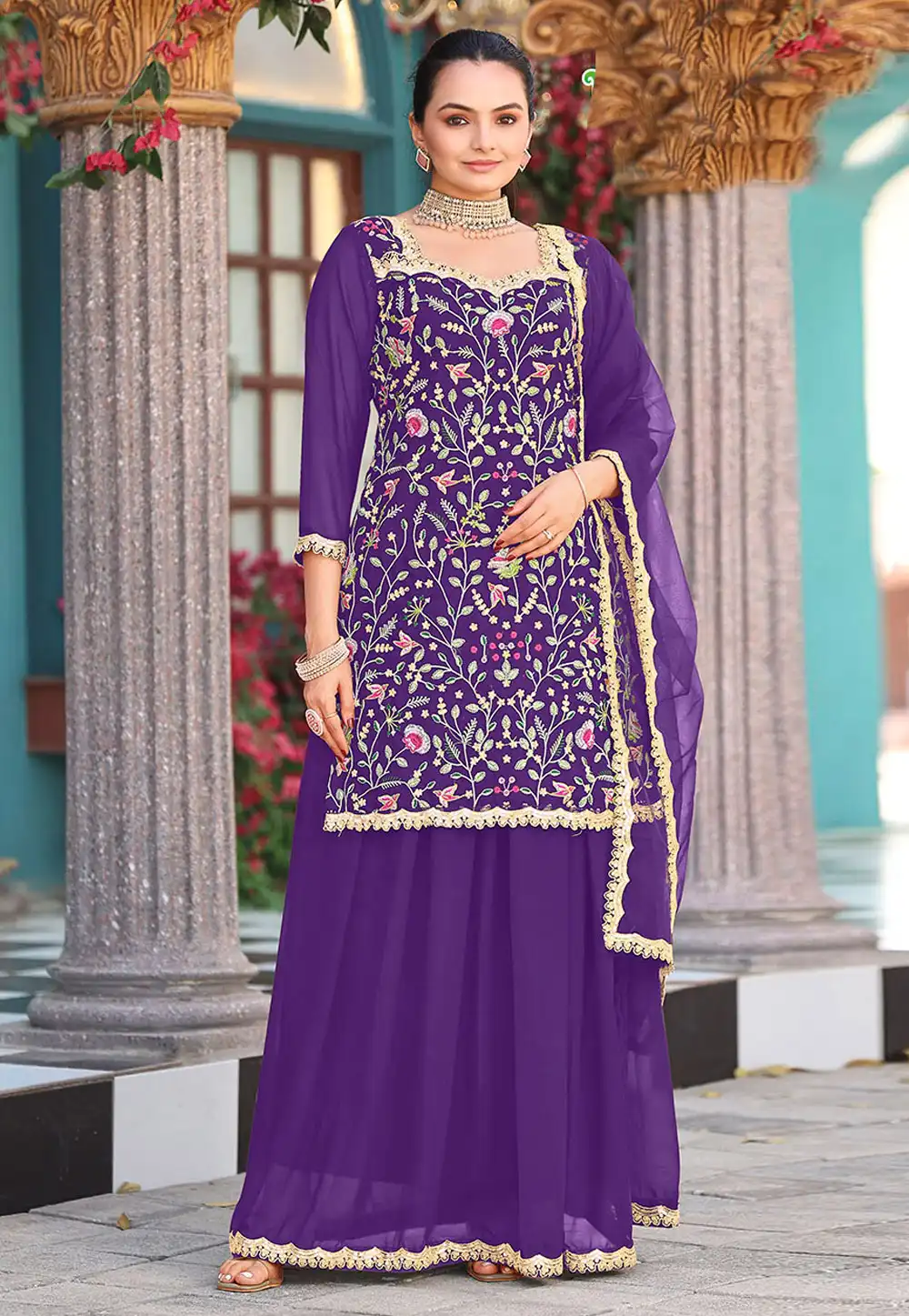 Purple Georgette Palazzo Suit 317644