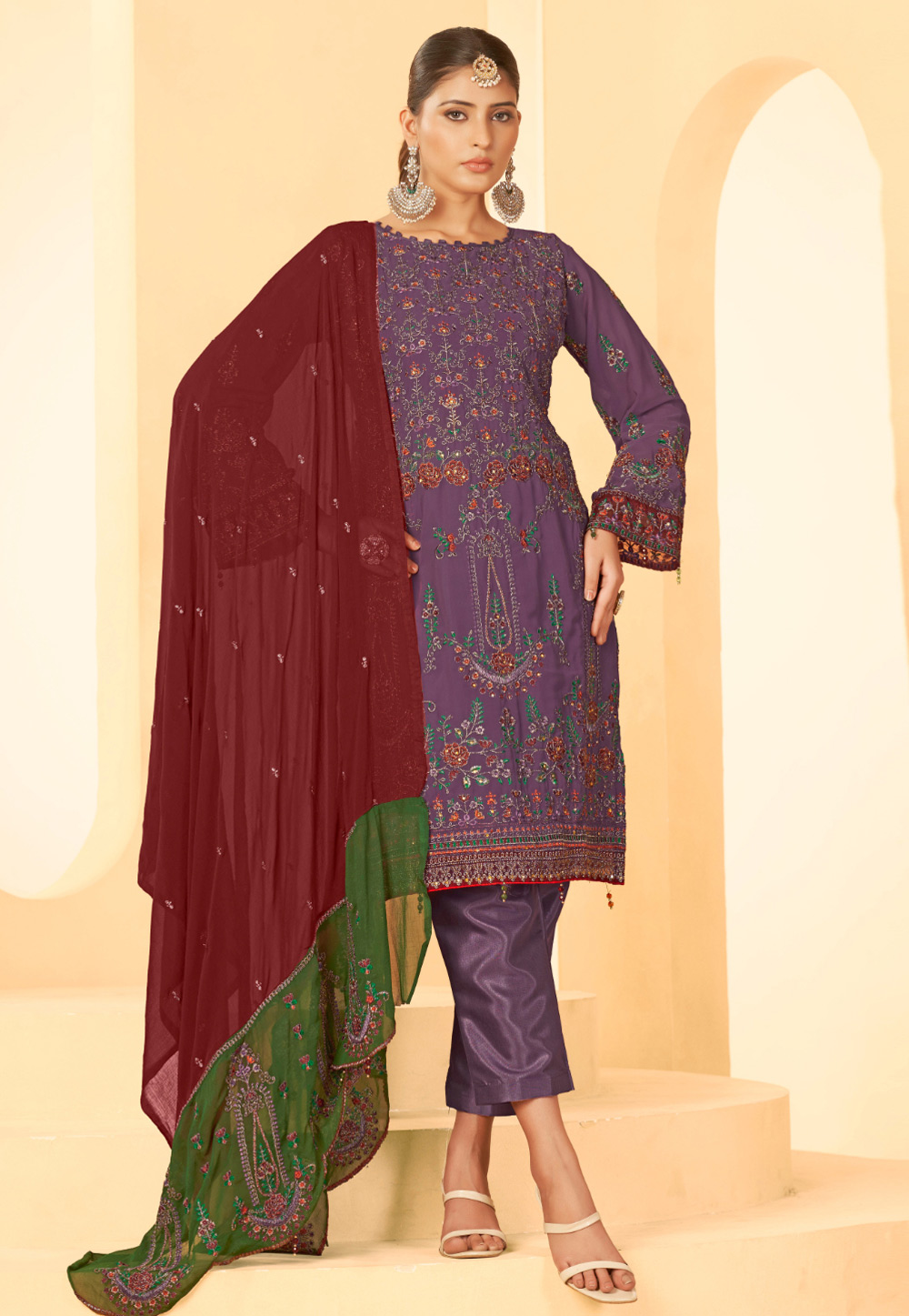 Purple Georgette Pant Style Suit 282392