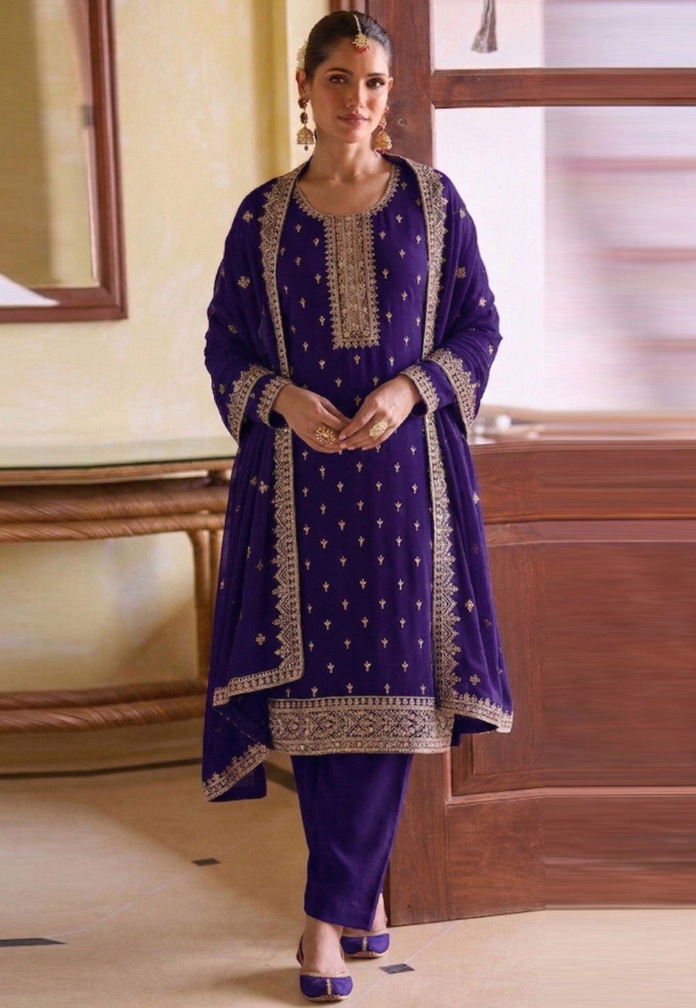 Purple Georgette Pant Style Suit 329756