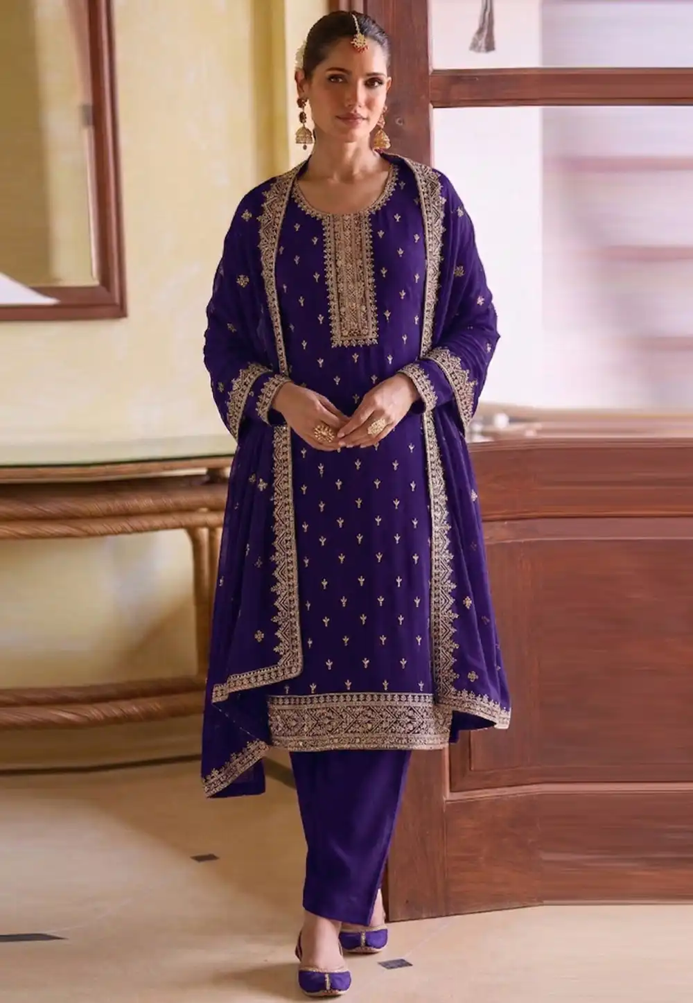 Purple Georgette Pant Style Suit 329756