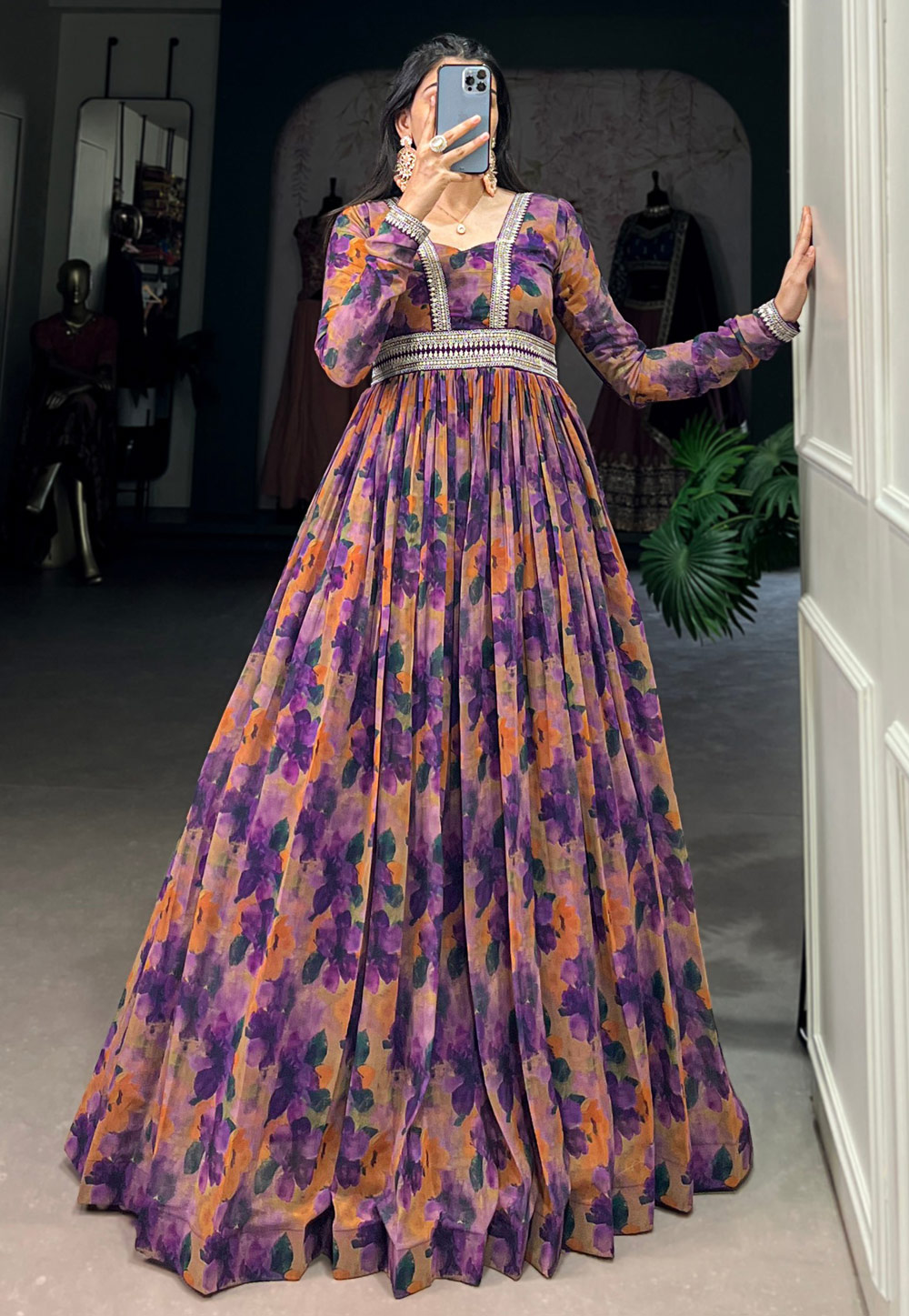 Purple Georgette Printed Gown 307561