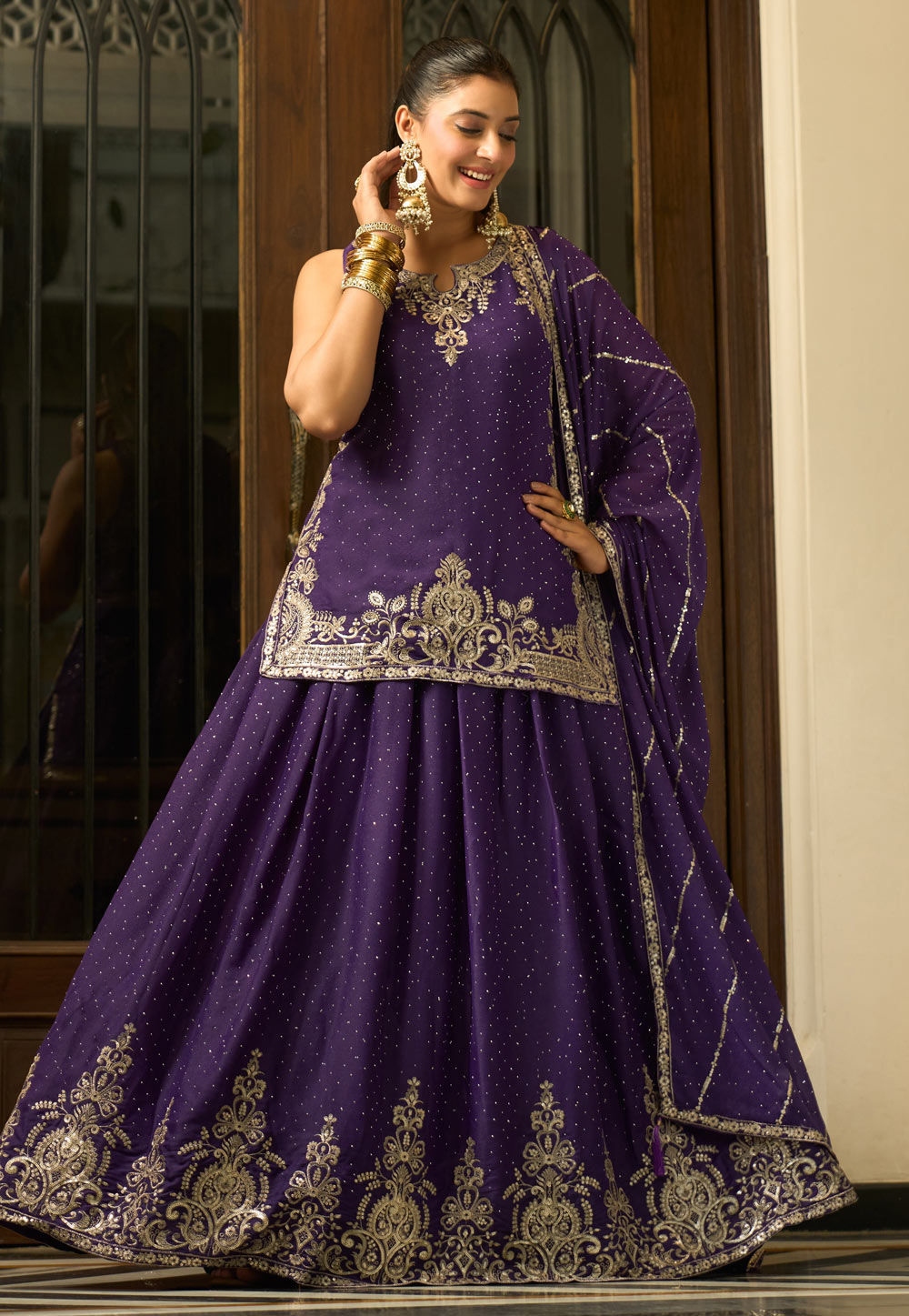 Purple Georgette Readymade Indo Western Lehenga Choli 324710