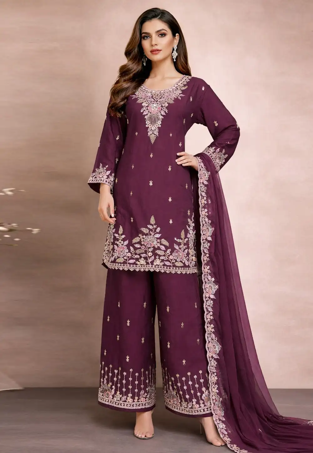 Purple Georgette Readymade Palazzo Suit 330921