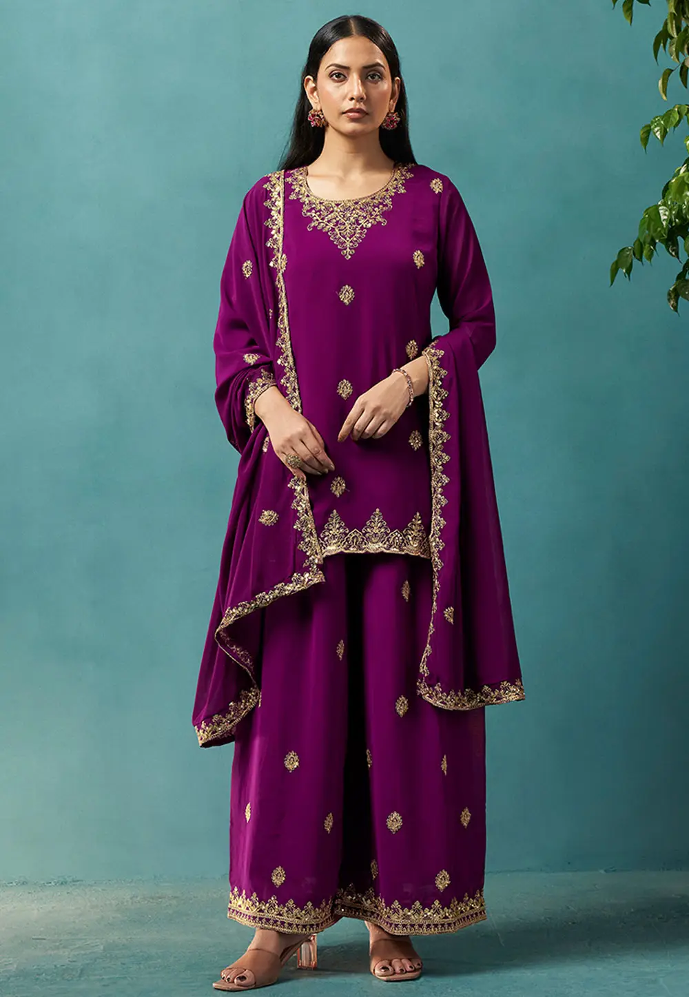 Purple Georgette Readymade Palazzo Suit 334213