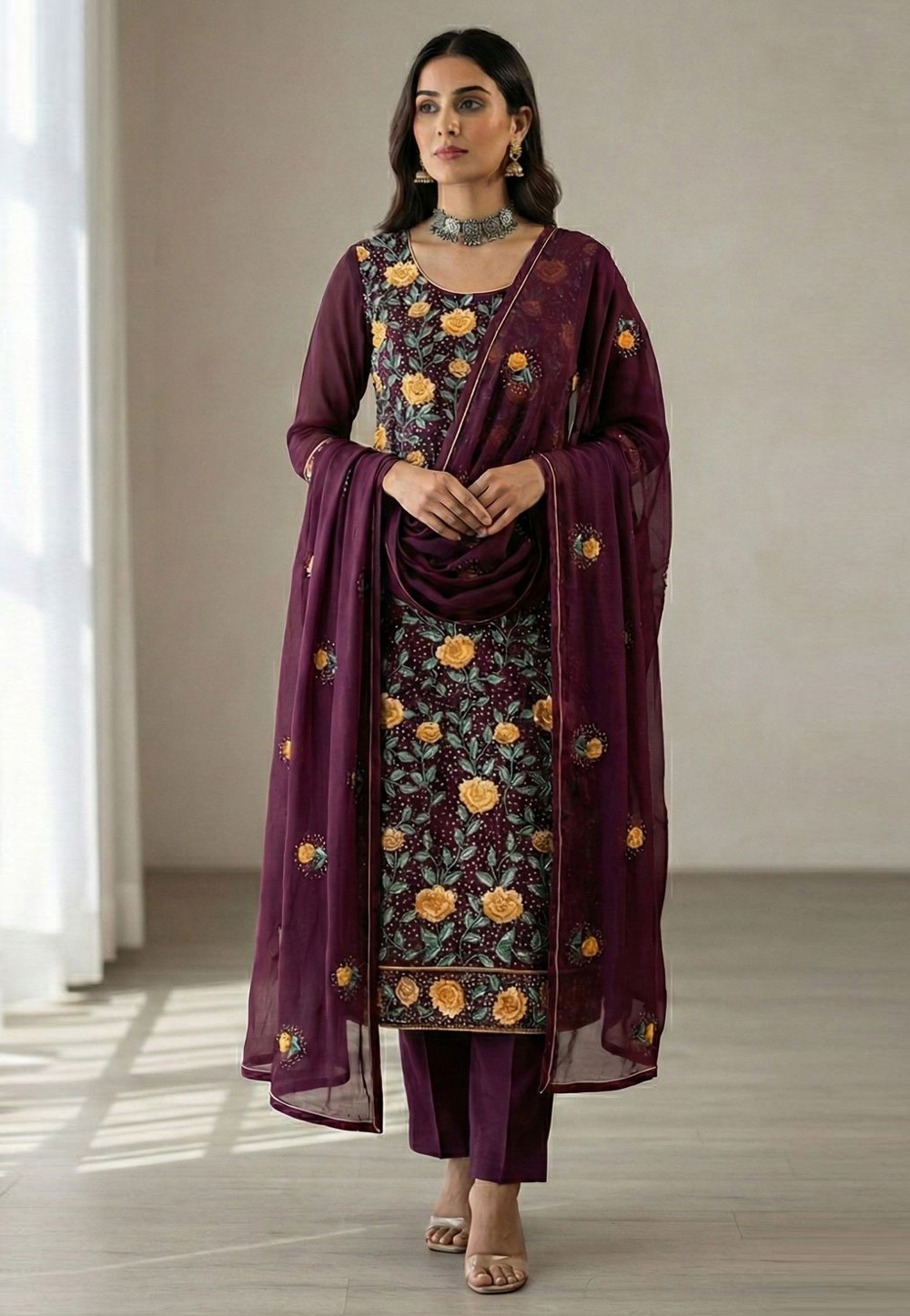 Purple Georgette Readymade Pant Style Suit 322967